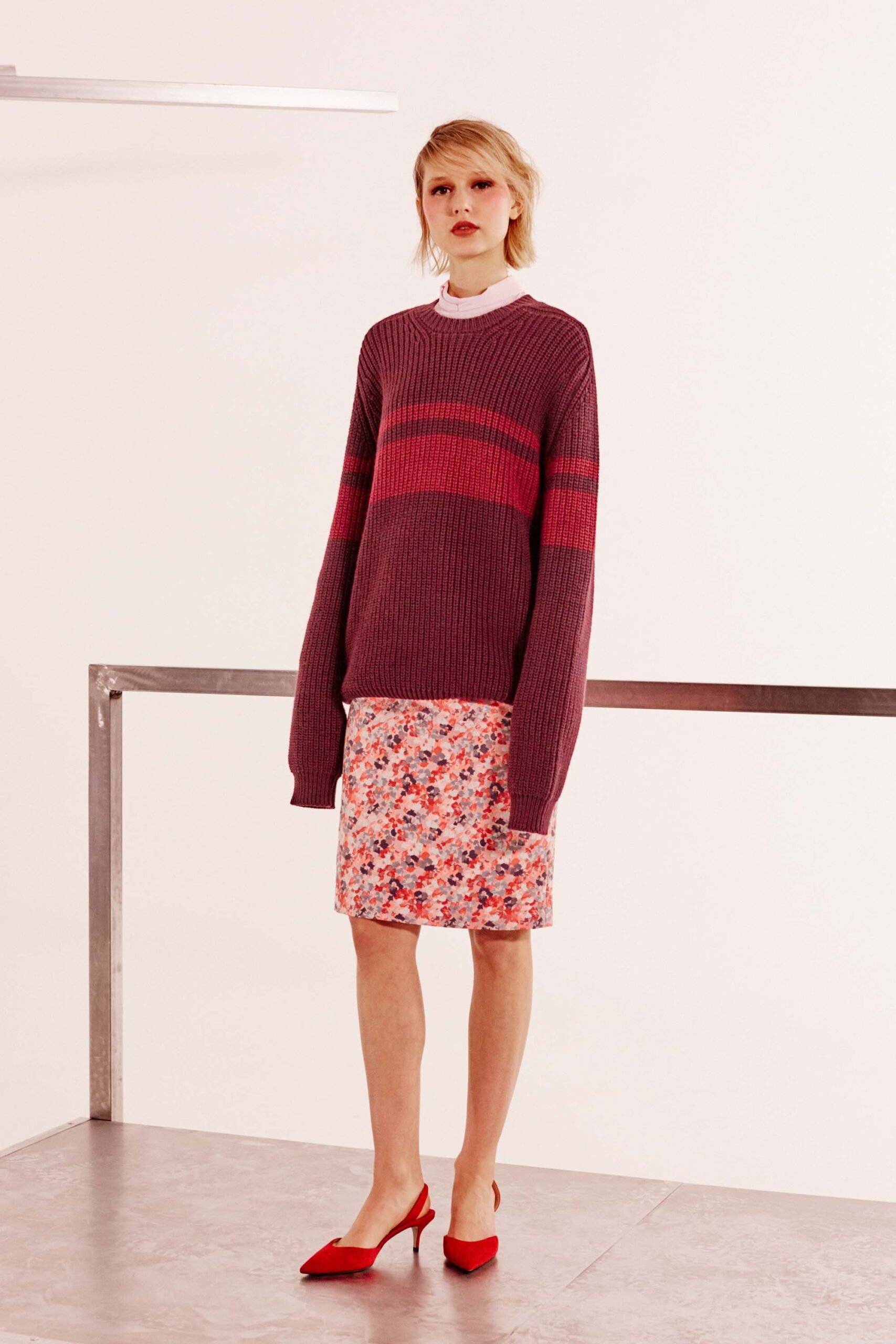 purple wool long-sleeve collared oversized striped sweater
