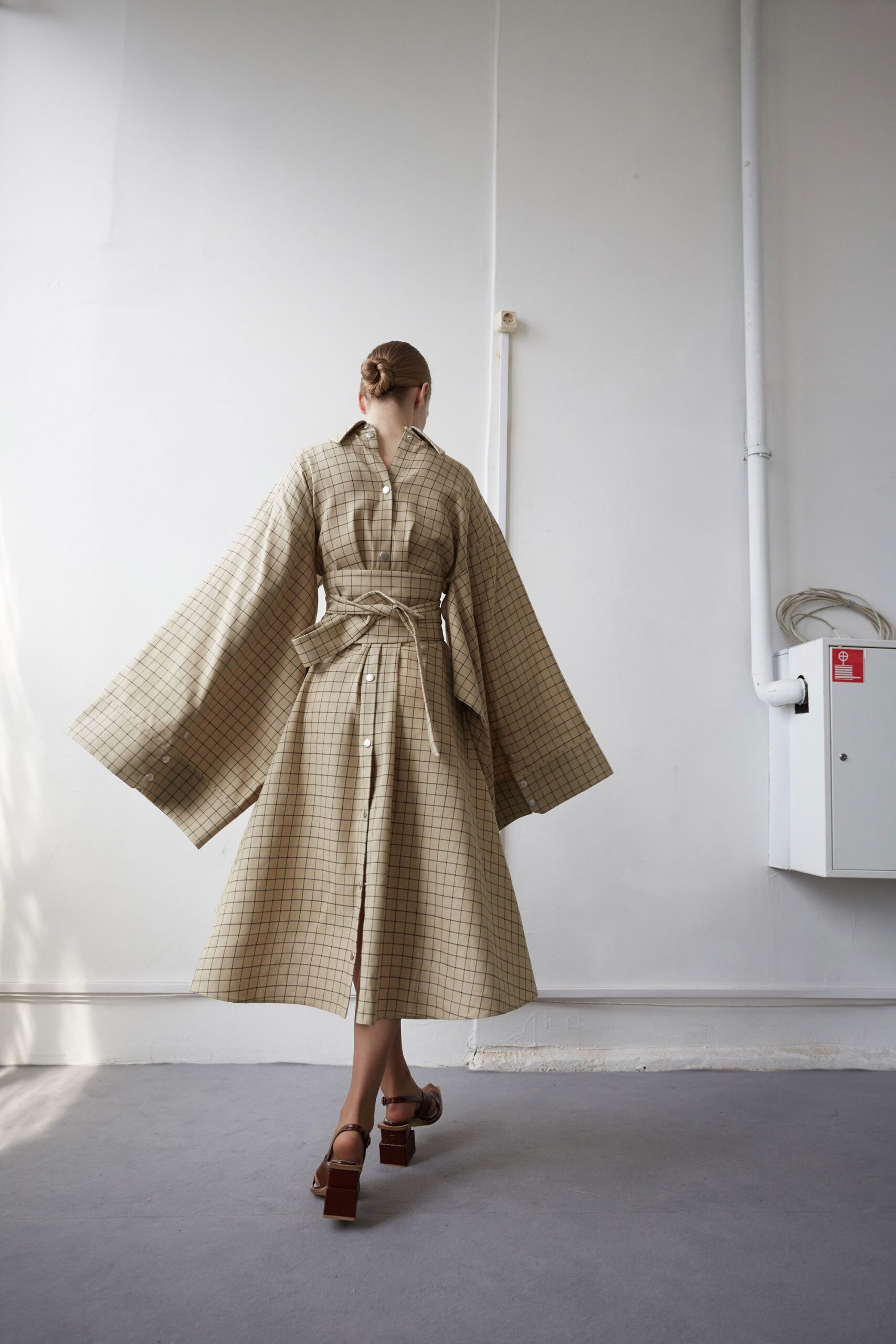 beige checked belted midi dress