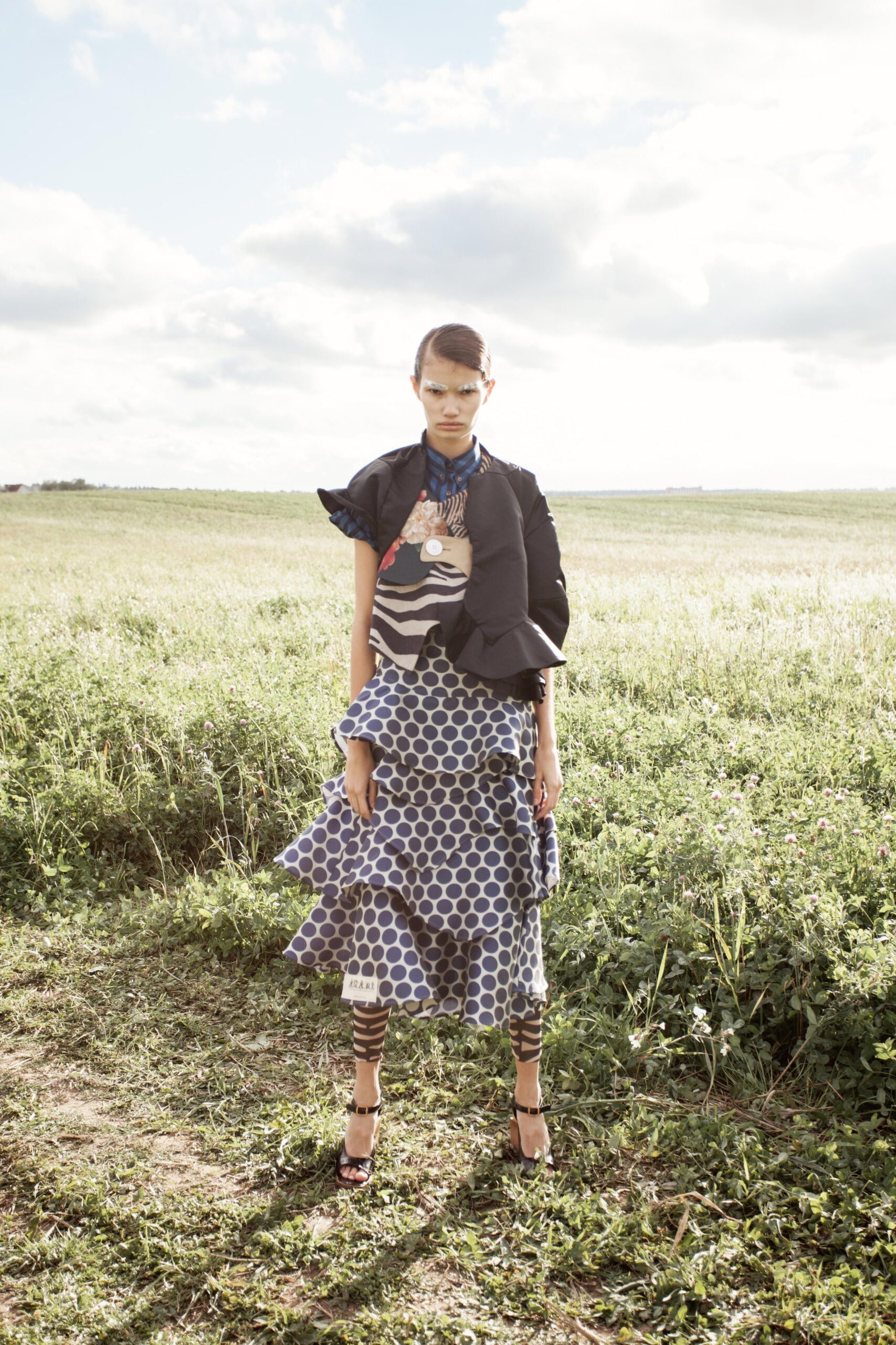 blue and white layered top with flared skirt