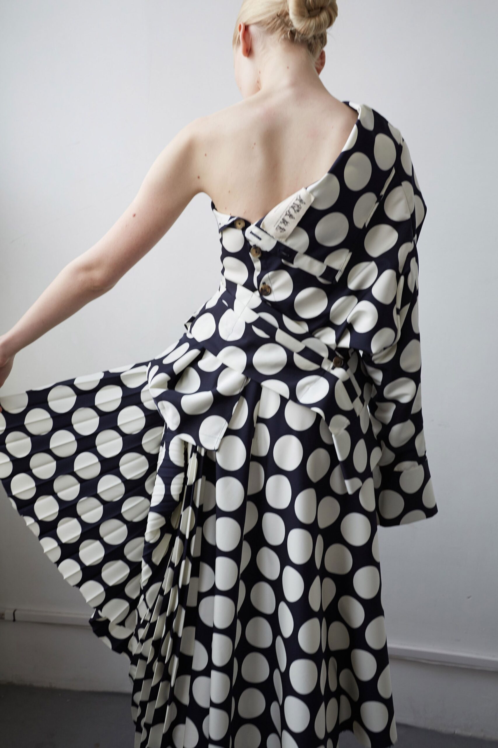 black and white pleated midi dress