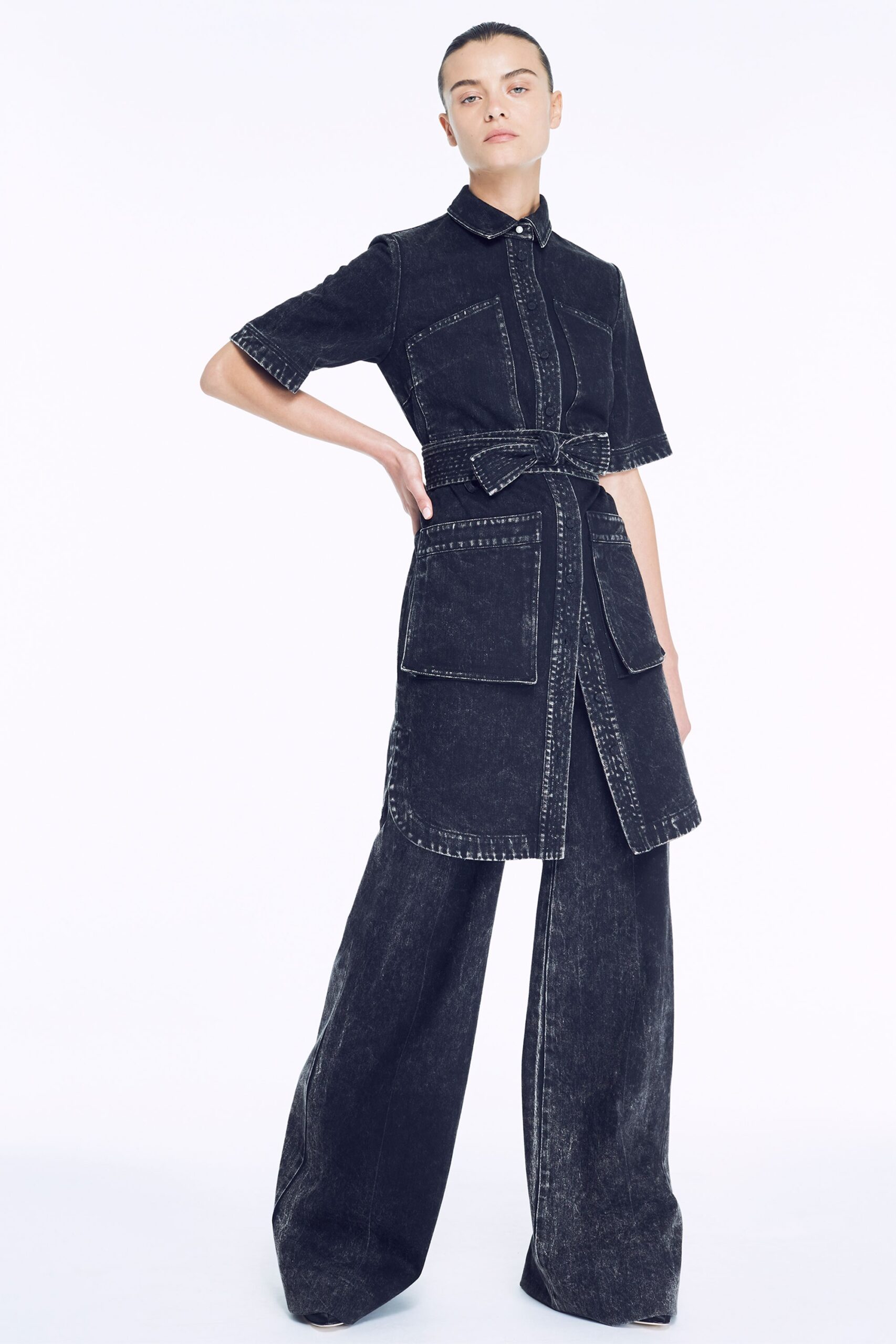 black denim short-sleeve collared fitted belted pockets dress