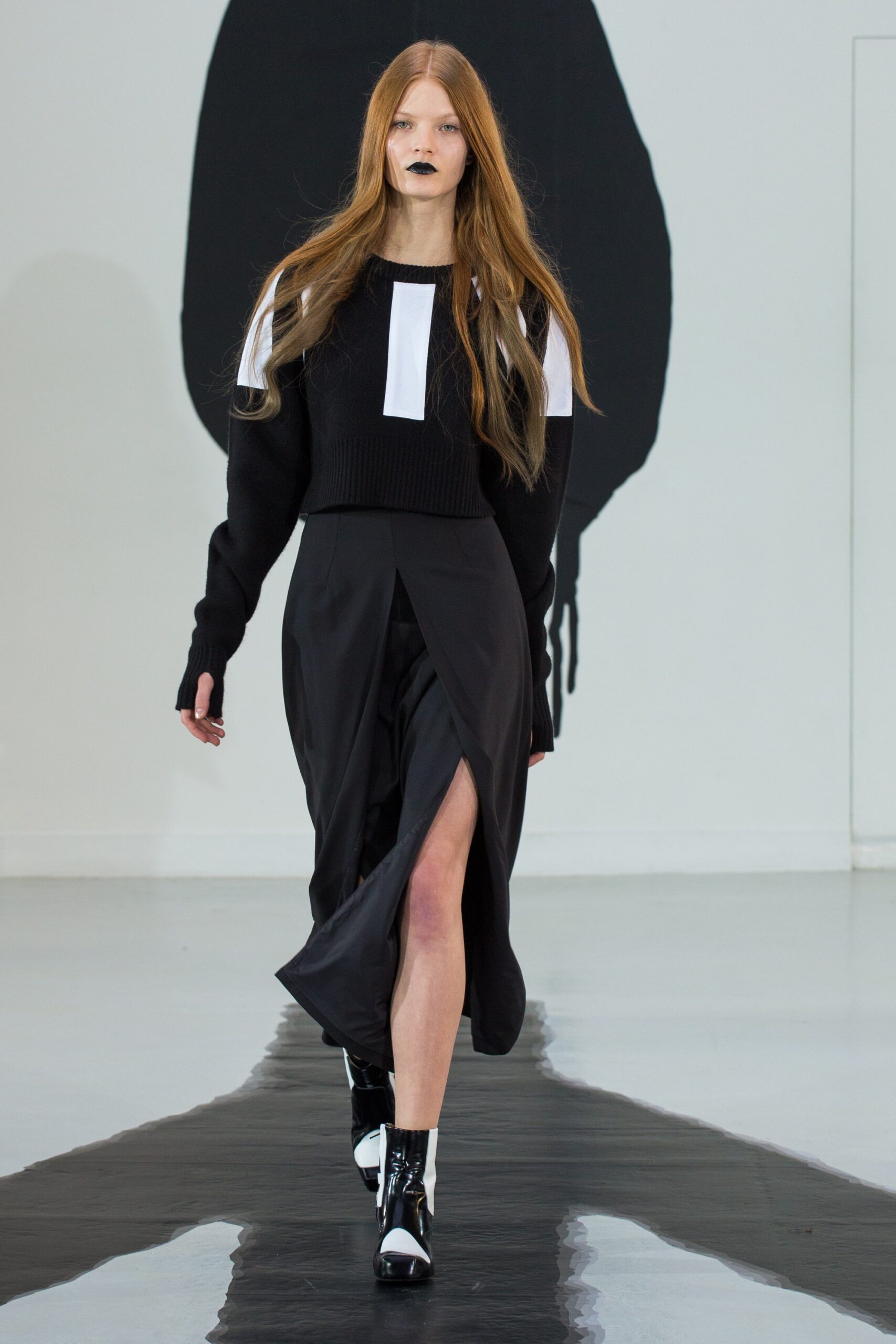 black silk slit asymmetric fitted high-waisted midi skirt