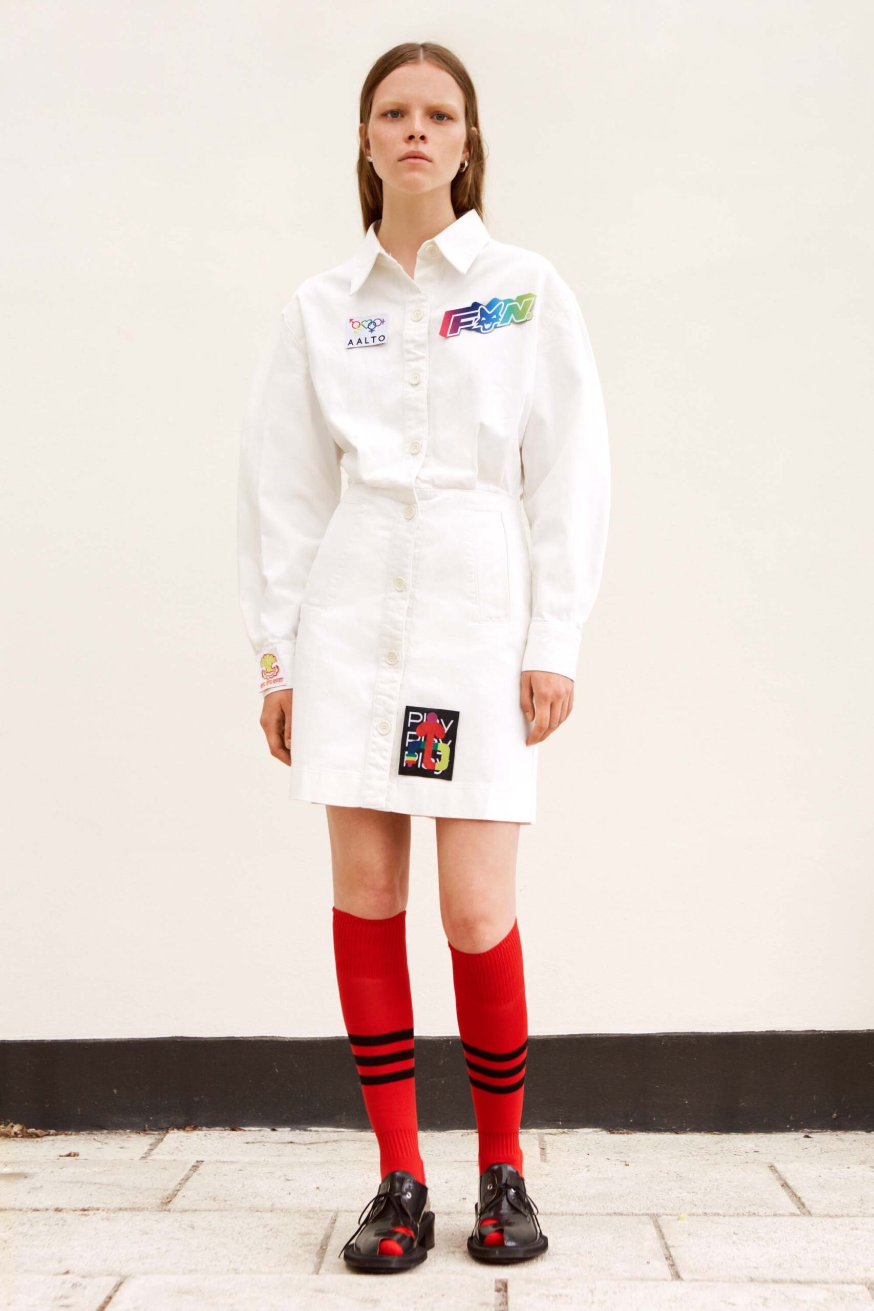 white shirt-dress with red socks