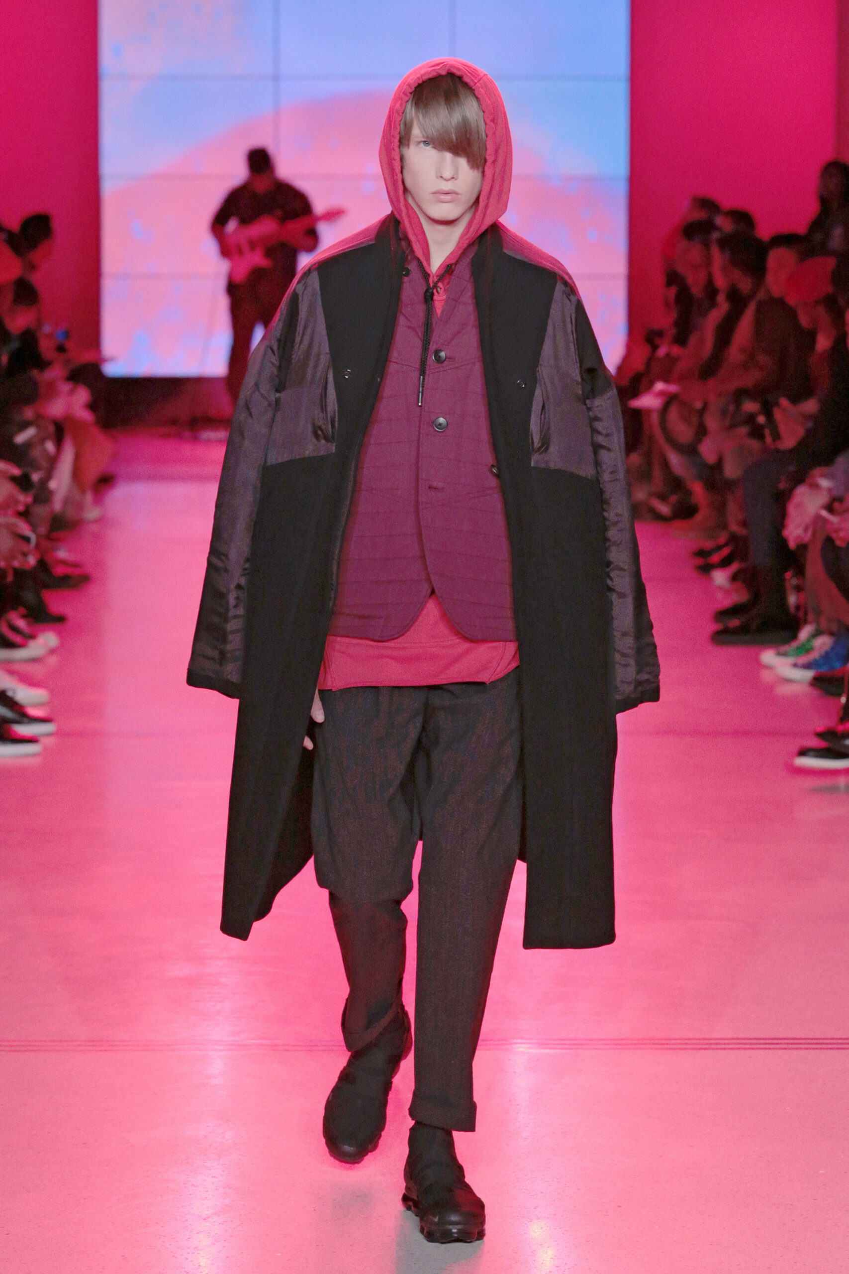 black coat purple jacket red hoodie