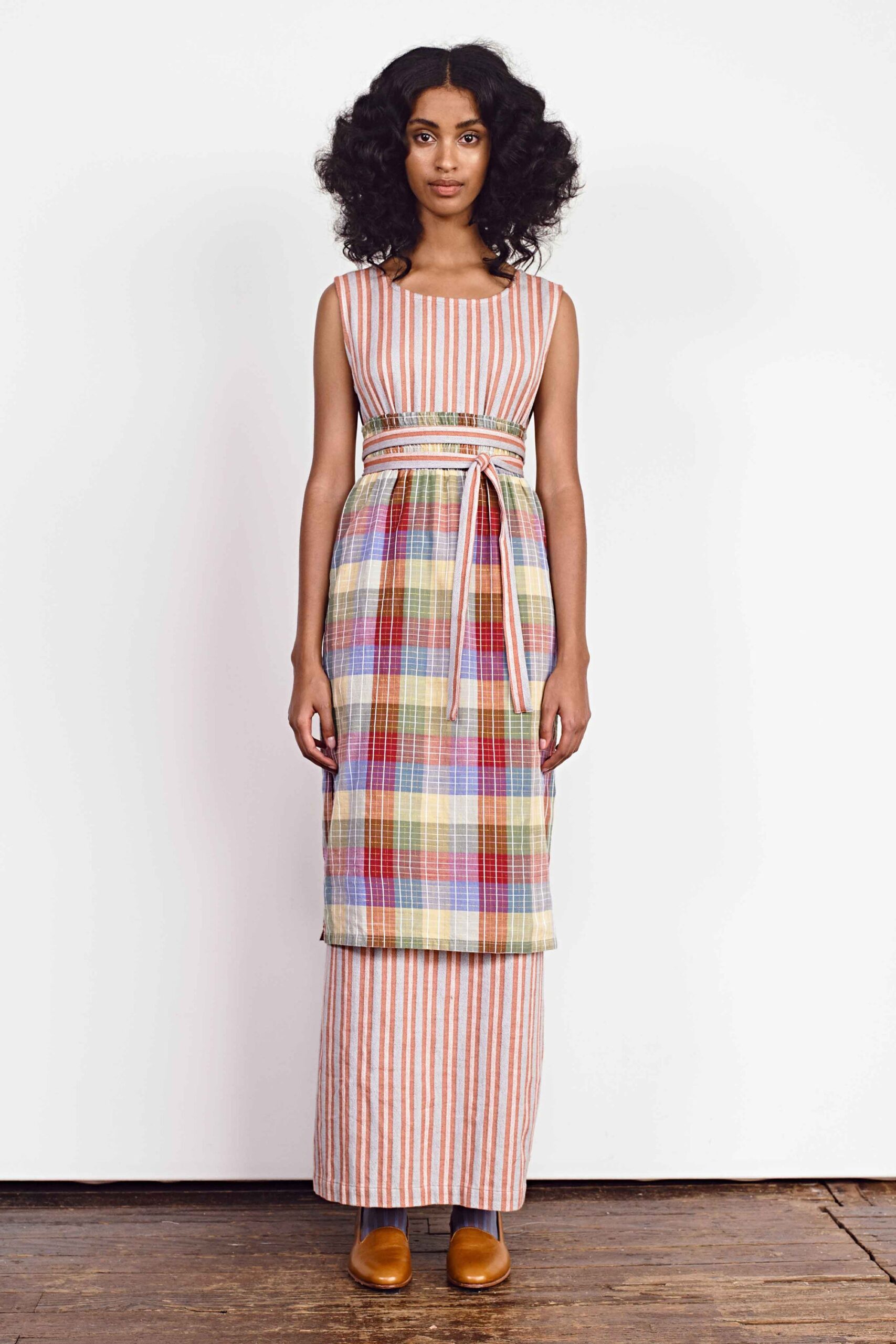 multi-colored tiered sleeveless dress