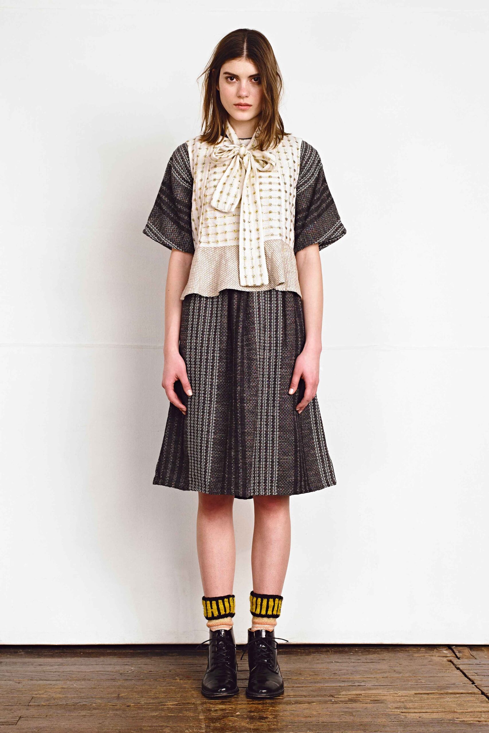 black and white pleated midi dress