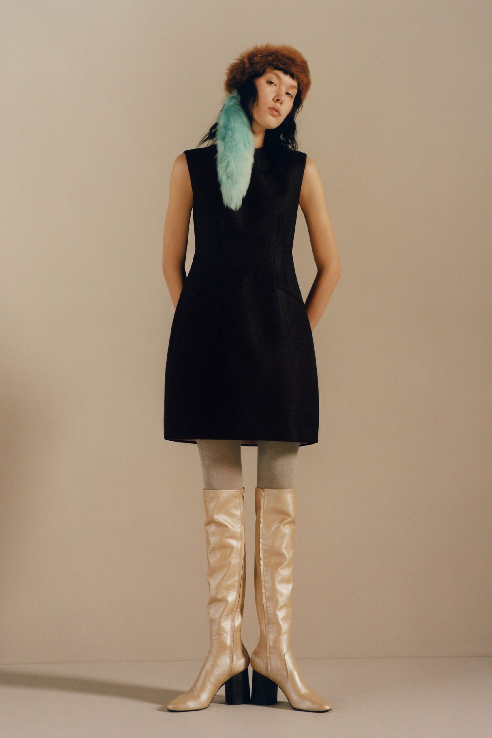black wool sleeveless high-neck fitted a-line mini dress