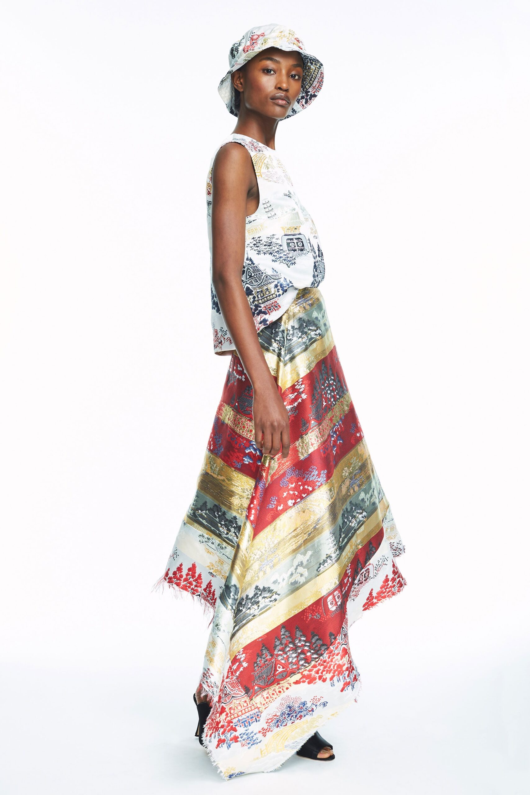 red cotton fitted tiered maxi skirt