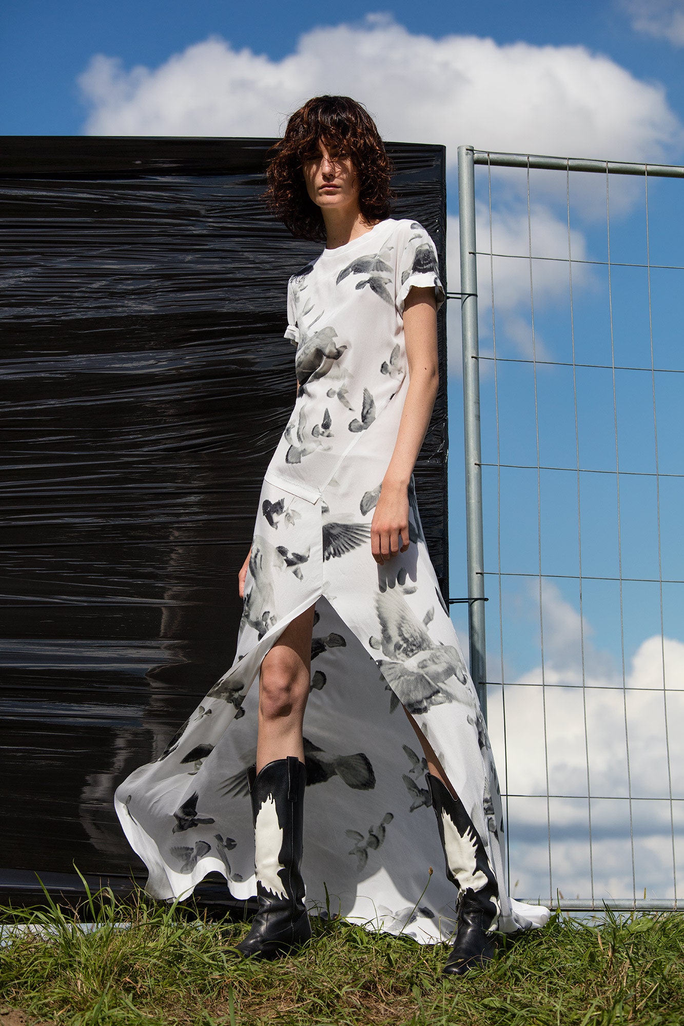 white black printed midi dress