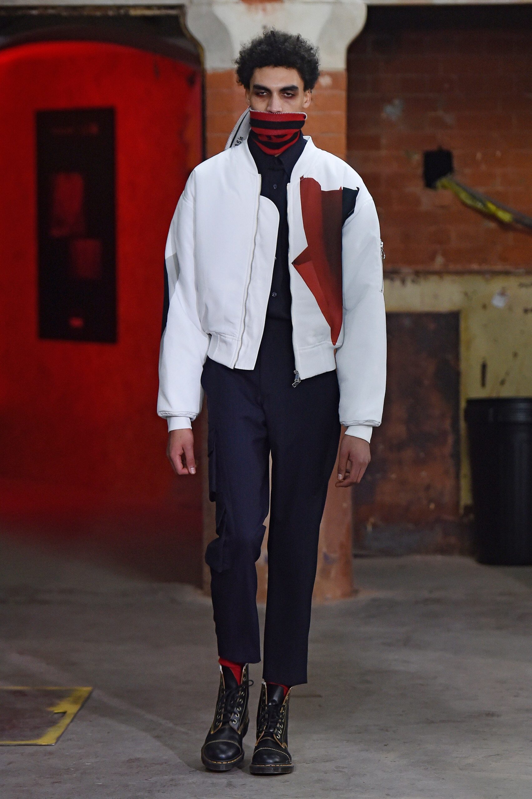 color-blocked white jacket with slim pants