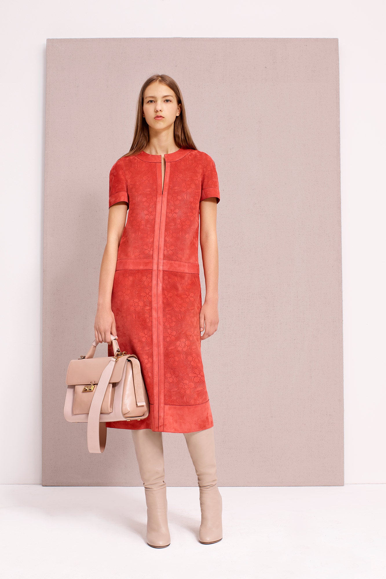 red leather short-sleeve collared fitted straight-leg midi dress