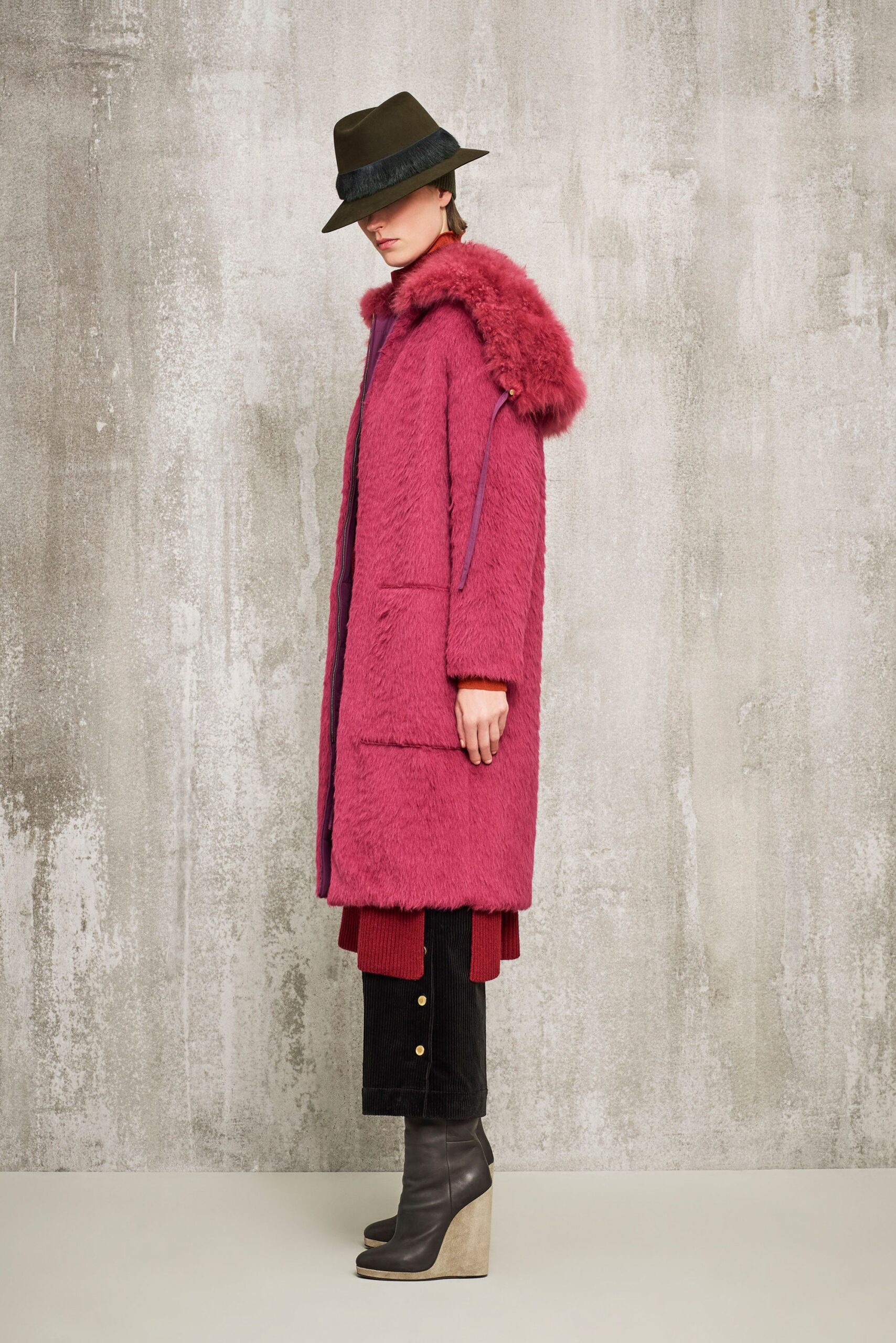 pink faux-fur coat with hat