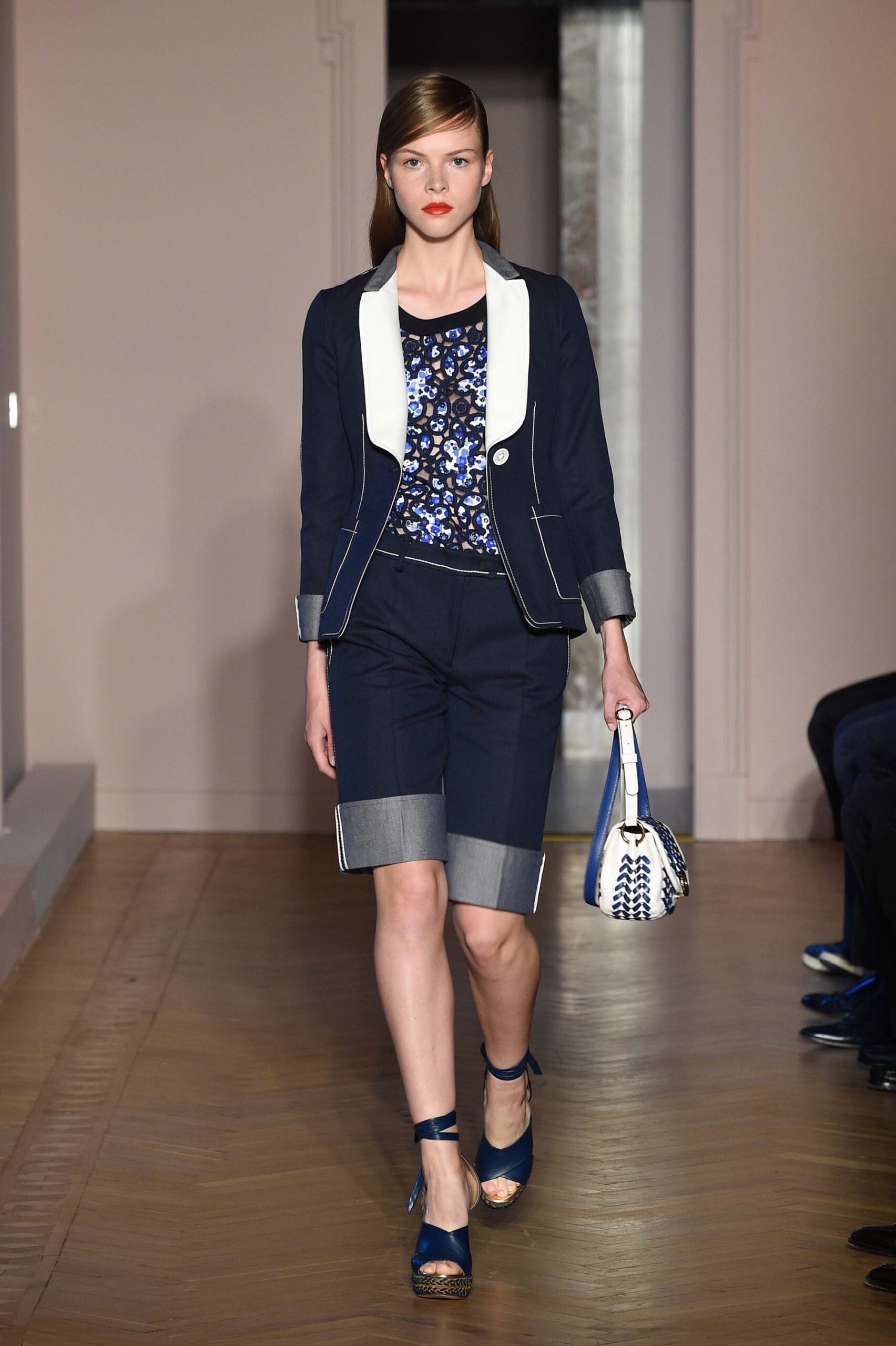 navy tailored blazer with shorts