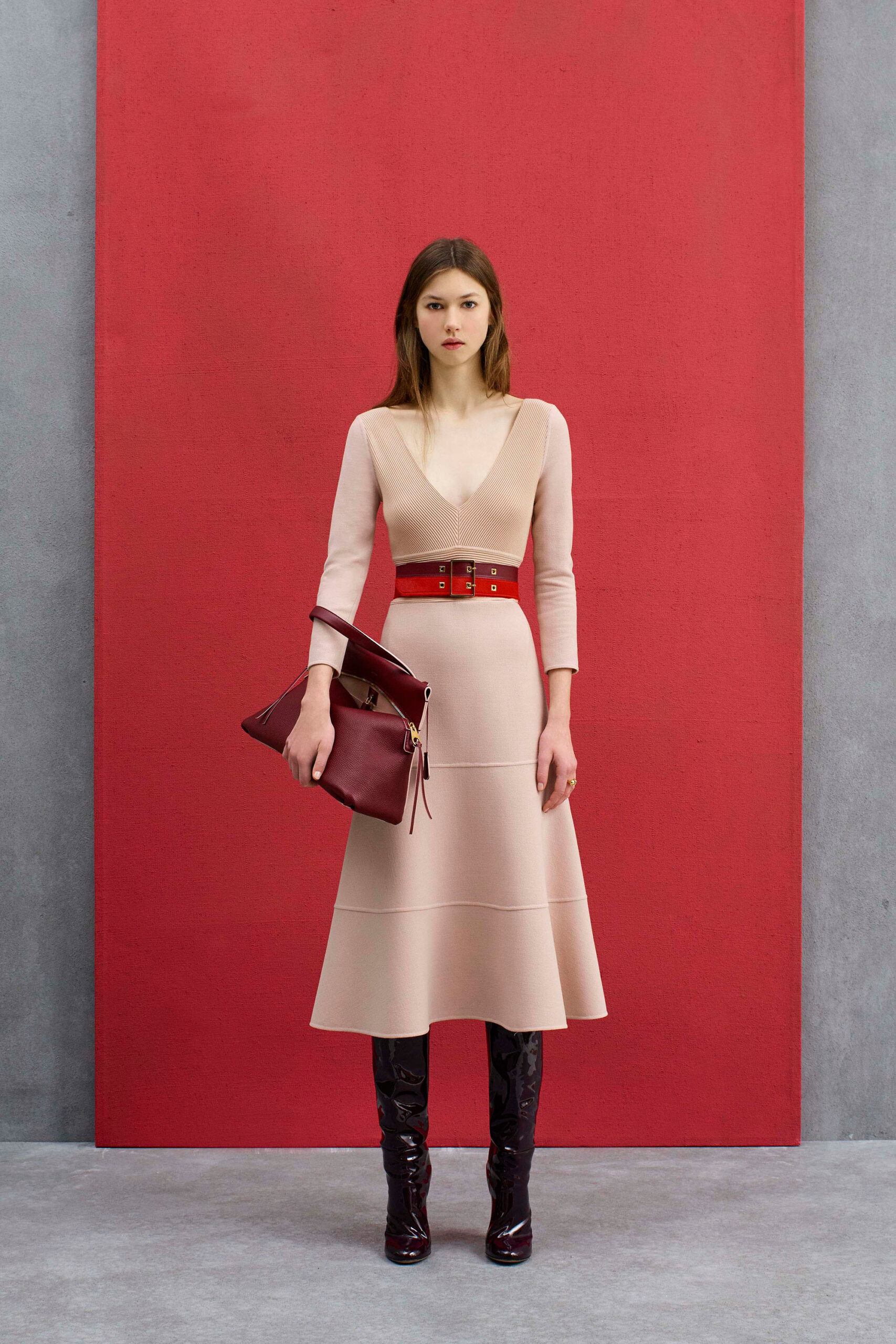 beige knit long-sleeve v-neck fitted a-line midi dress
