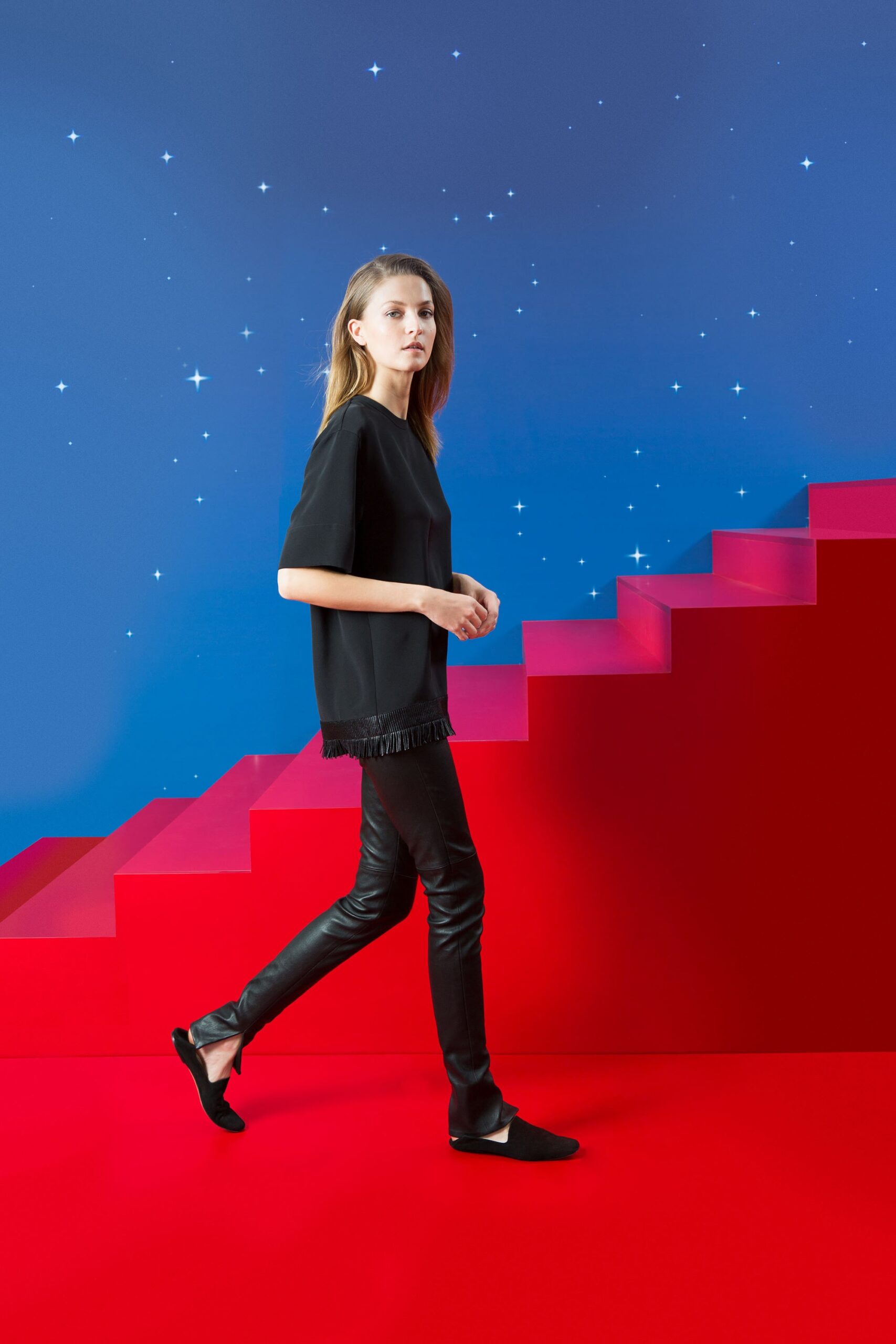 black leather fitted straight-leg pants