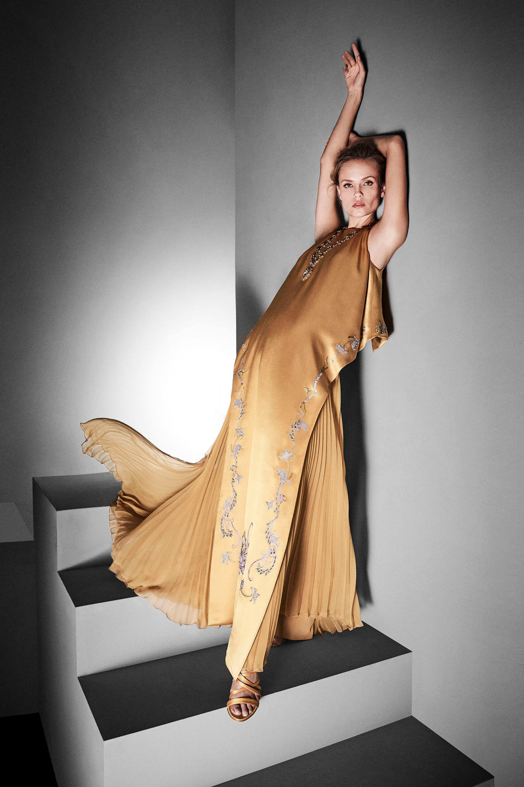 gold silk sleeveless gown