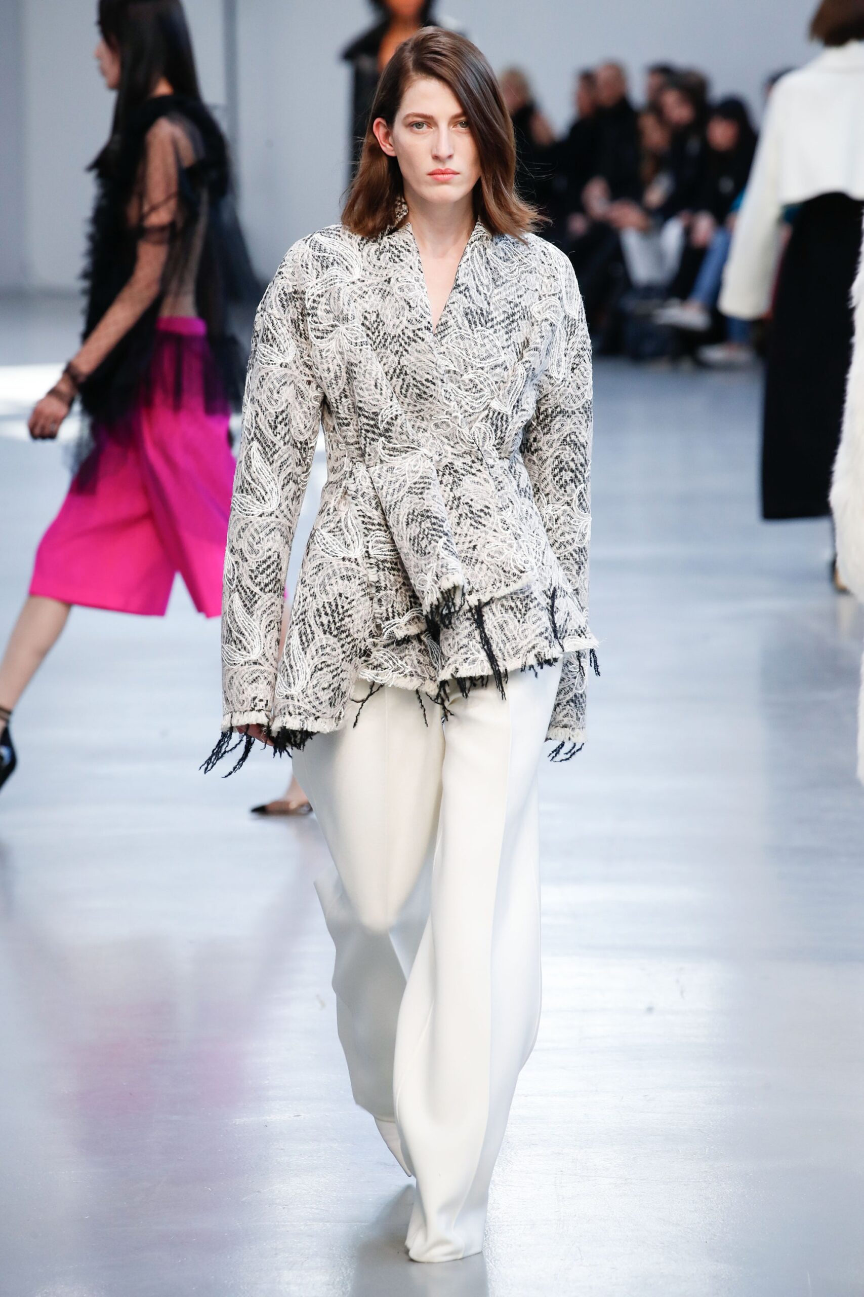 relaxed black and white jacket with white pants