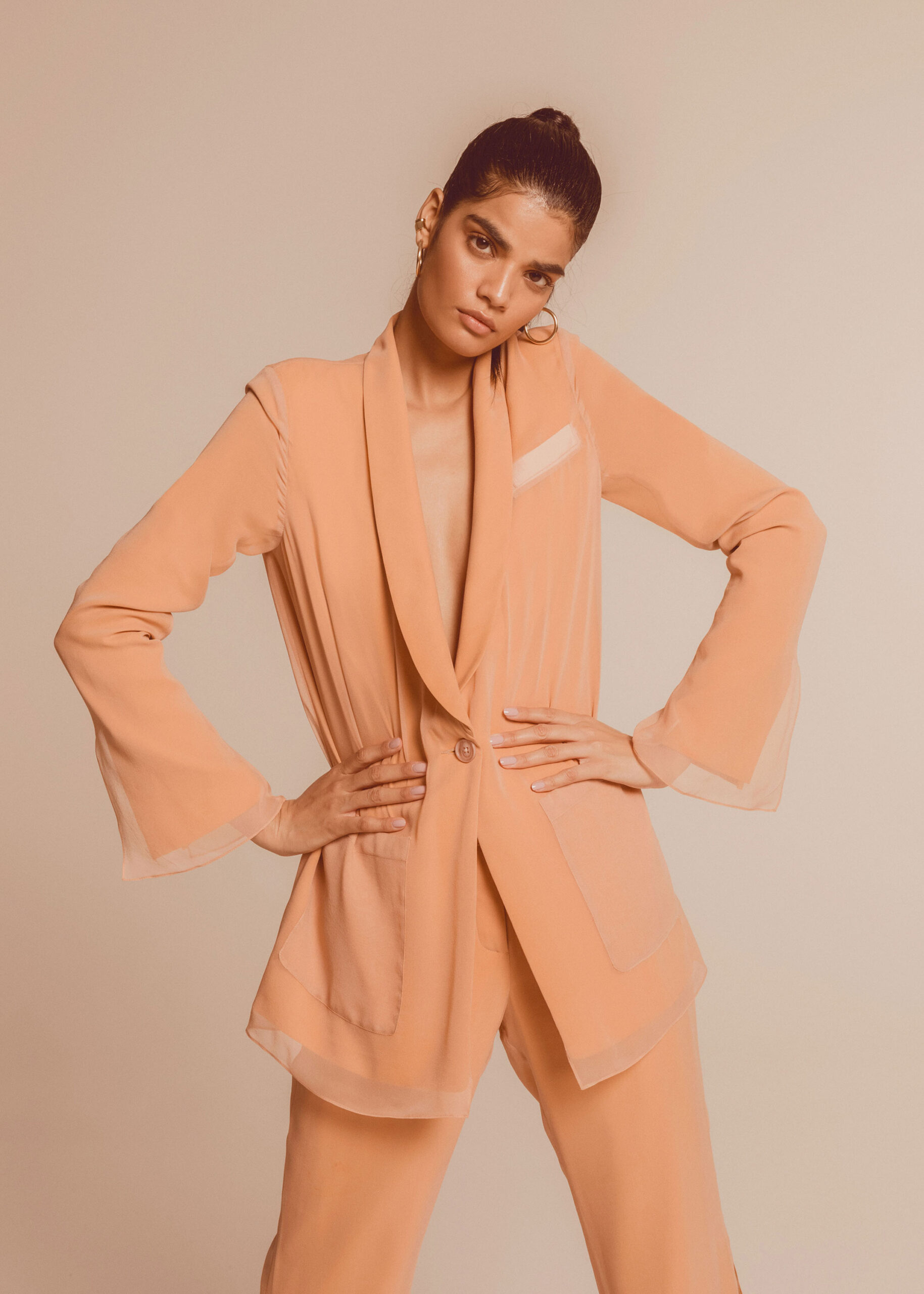 peach silk fitted blazer and pants