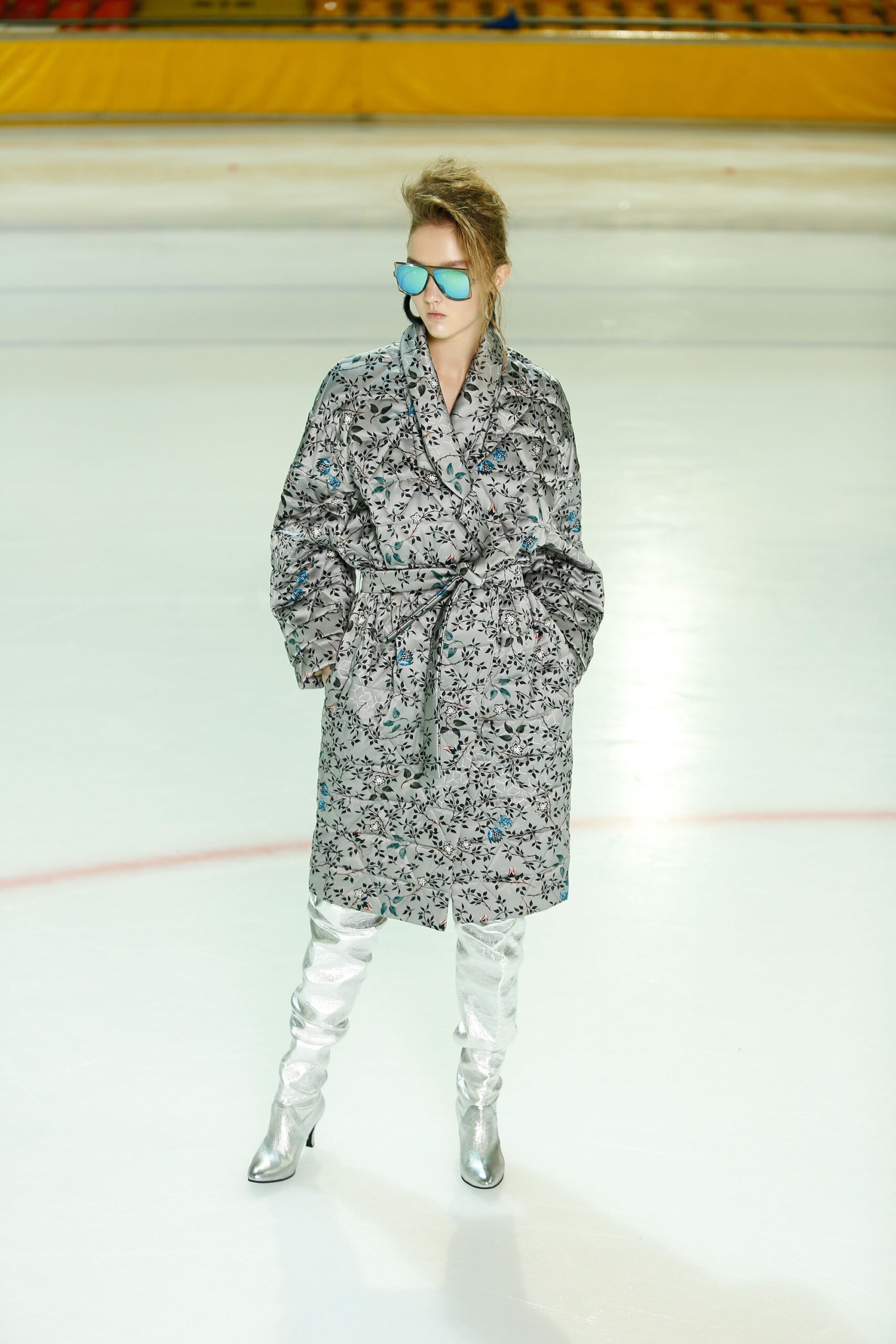 gray floral coat with silver boots