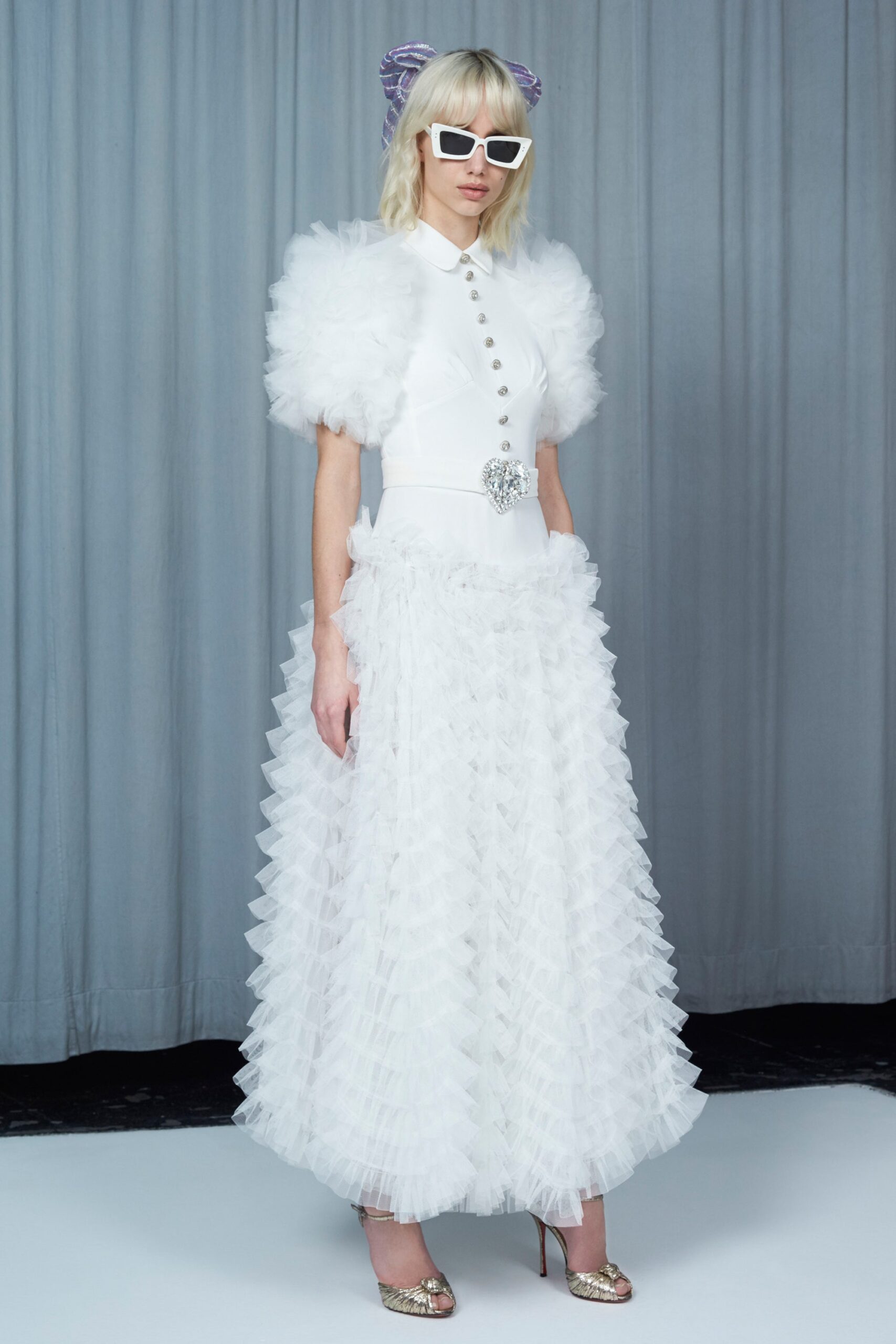 white pleated tulle maxi dress