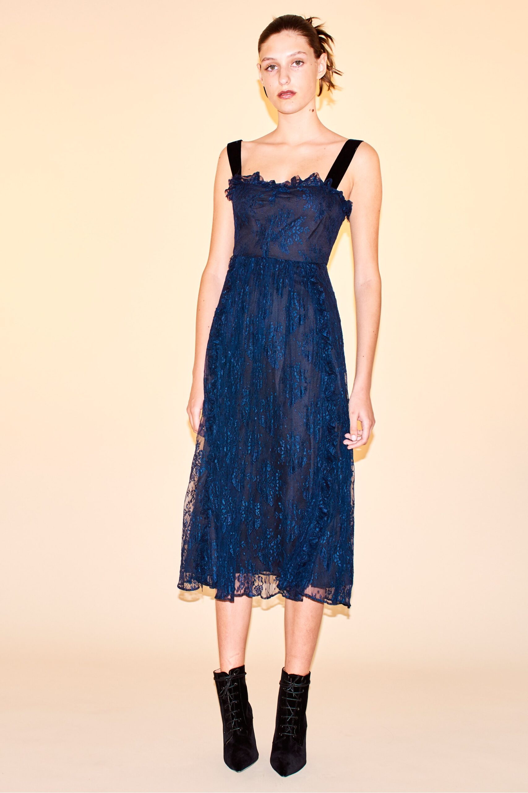blue lace sleeveless v-neck fitted pleated sheer dress