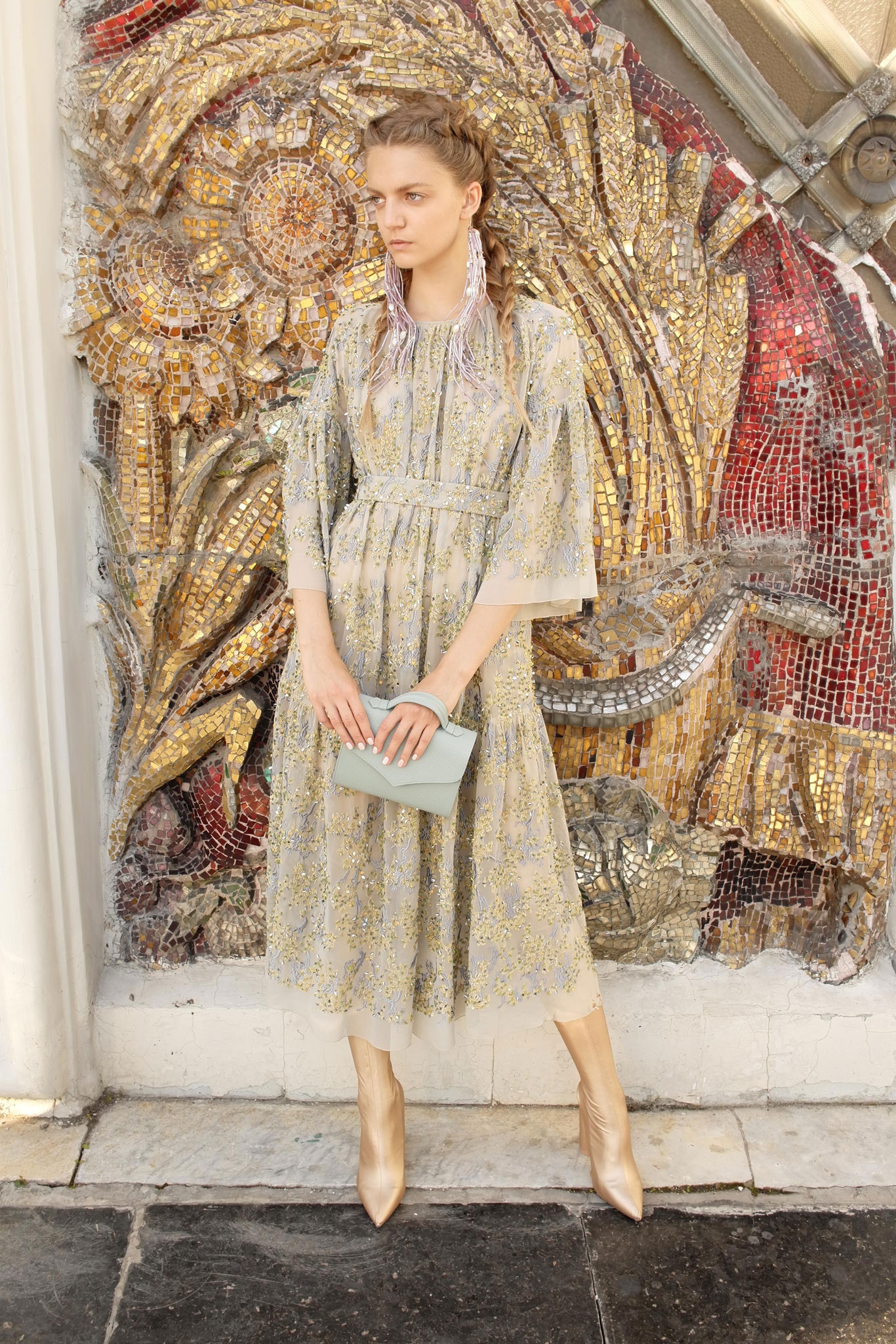 beige embroidered midi dress