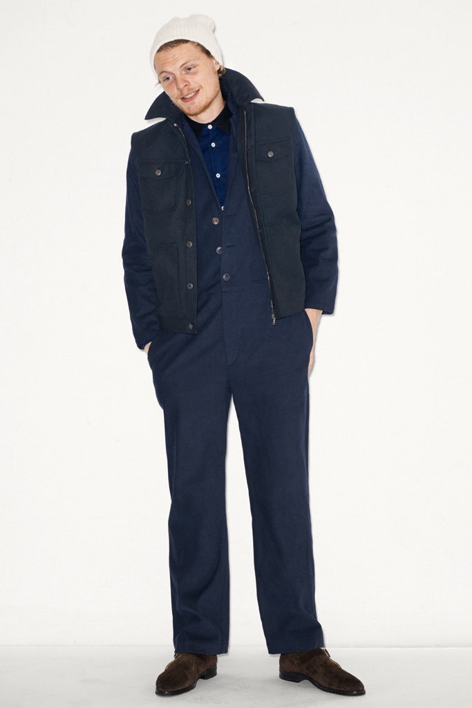 navy vest and pants outfit