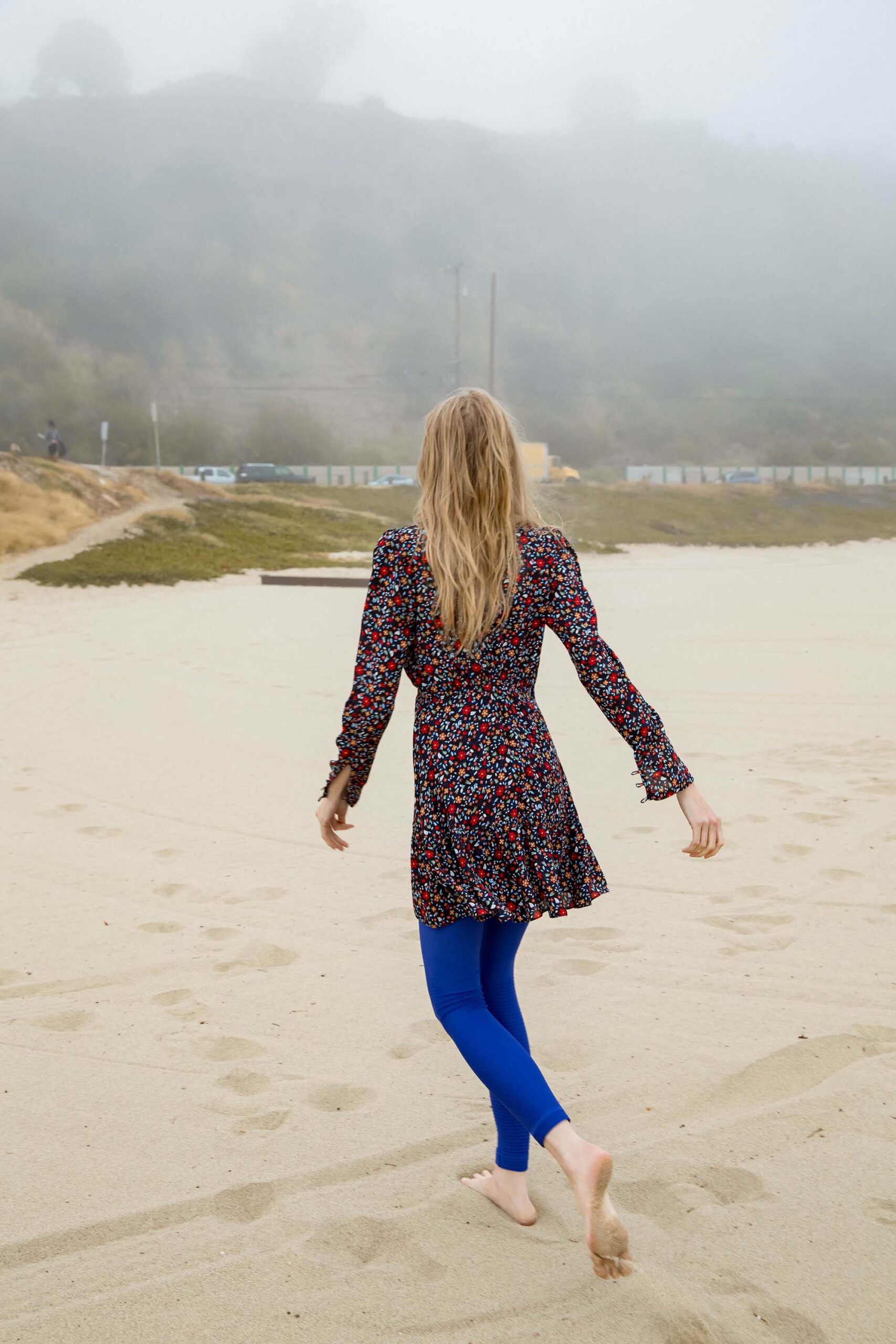 floral mini dress with blue leggings