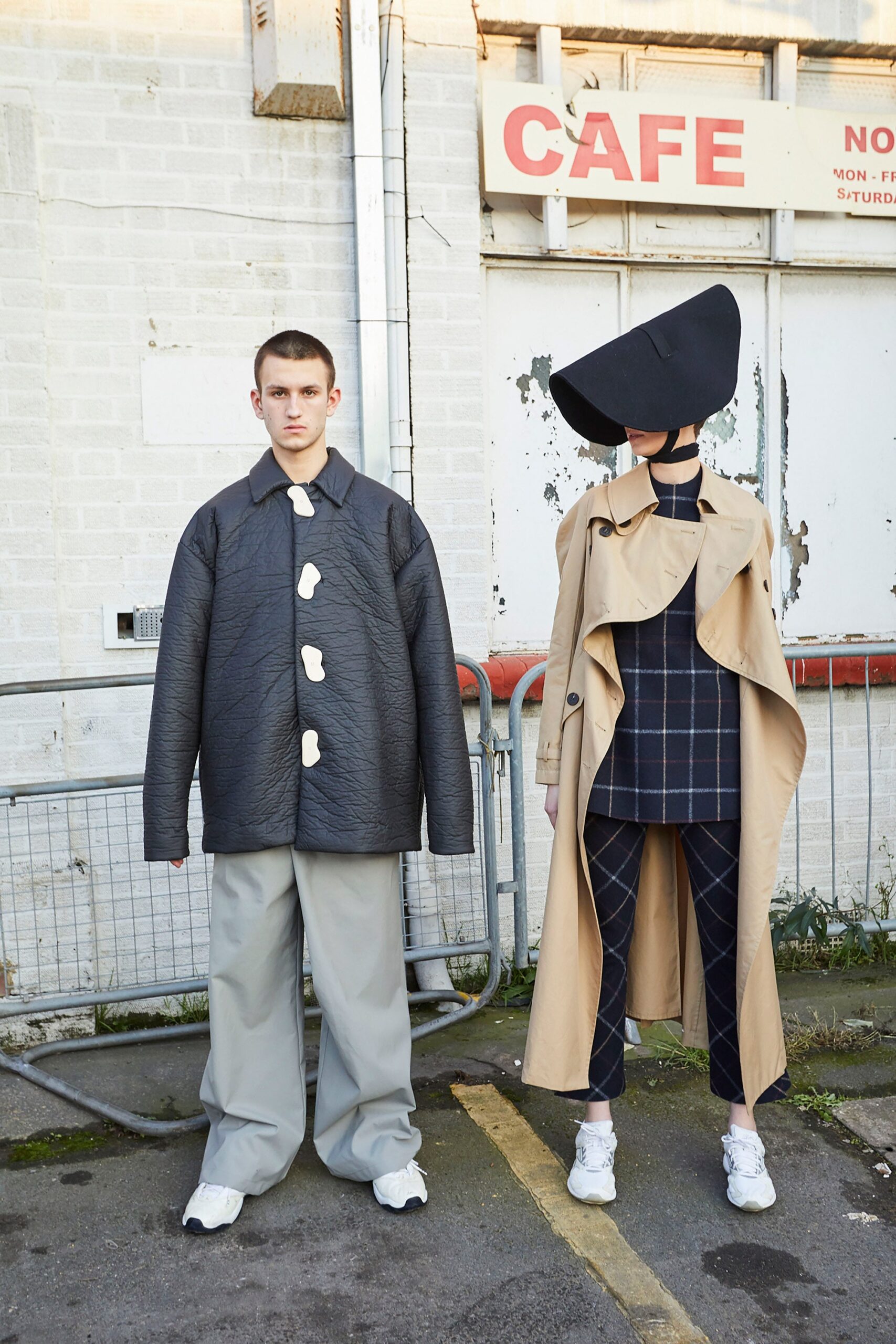 oversized black coat and beige trench