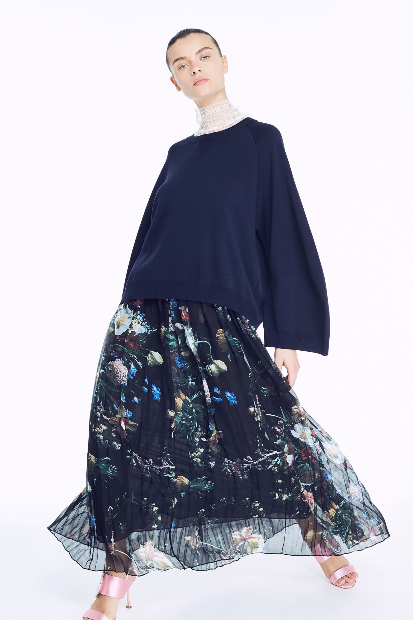 black chiffon fitted flared tiered flowing maxi skirt