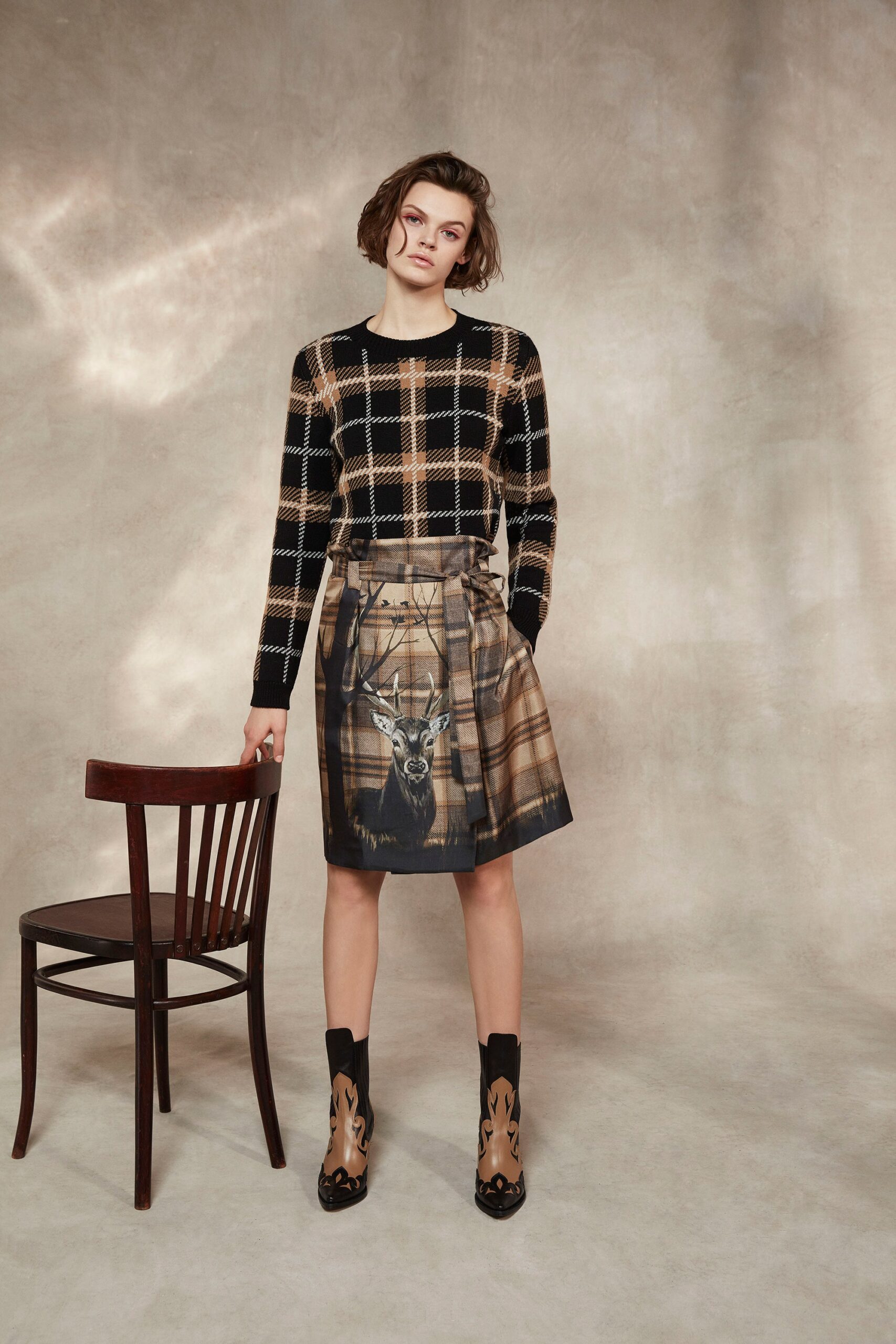 black and beige checked top with pleated skirt