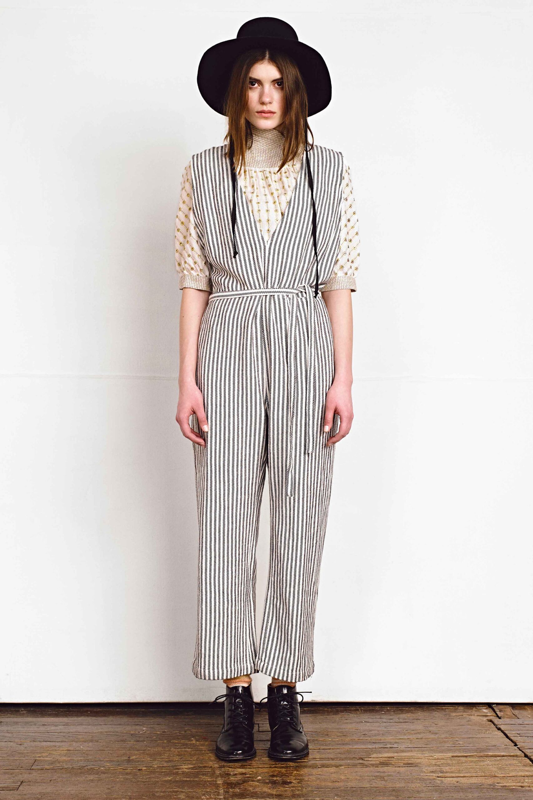 striped jumpsuit with blouse and hat