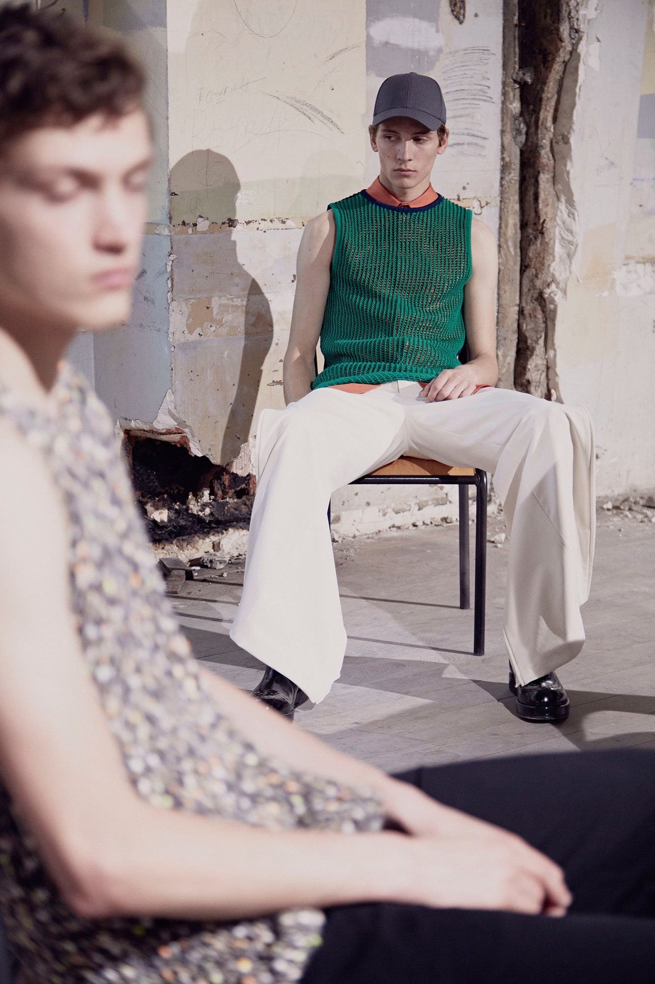 green cotton sleeveless high-neck fitted ribbed top