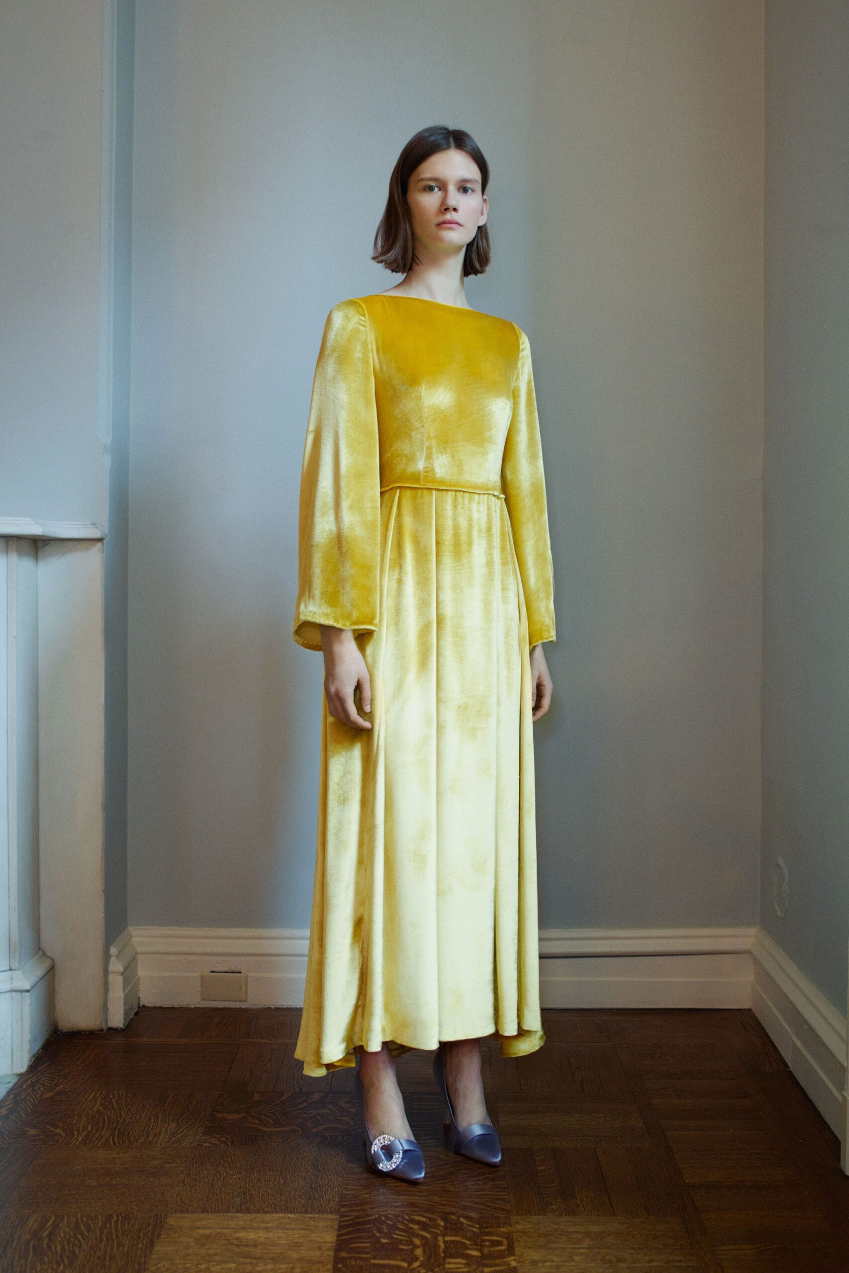 yellow velvet long-sleeve dress