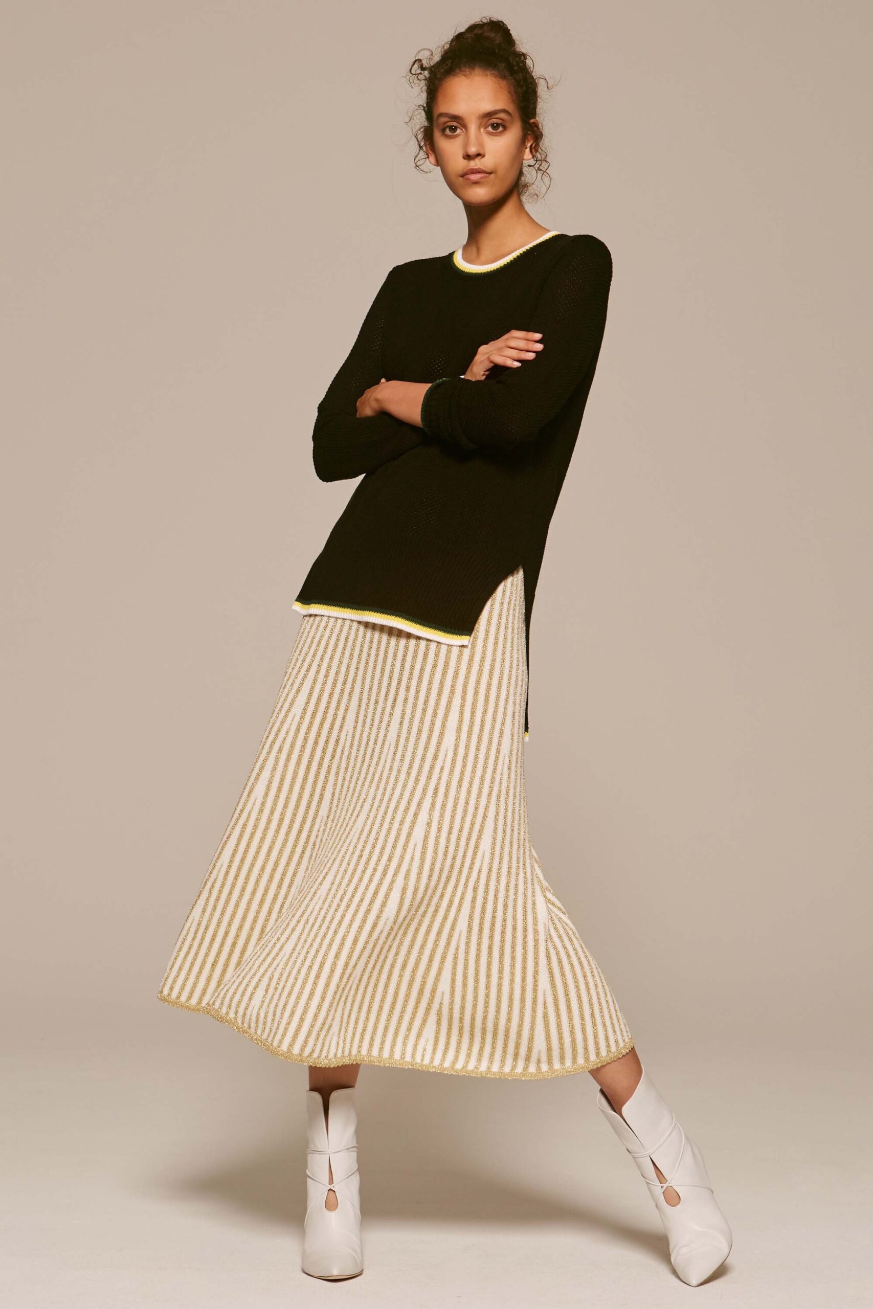 white knit fitted high-waisted pleated midi skirt