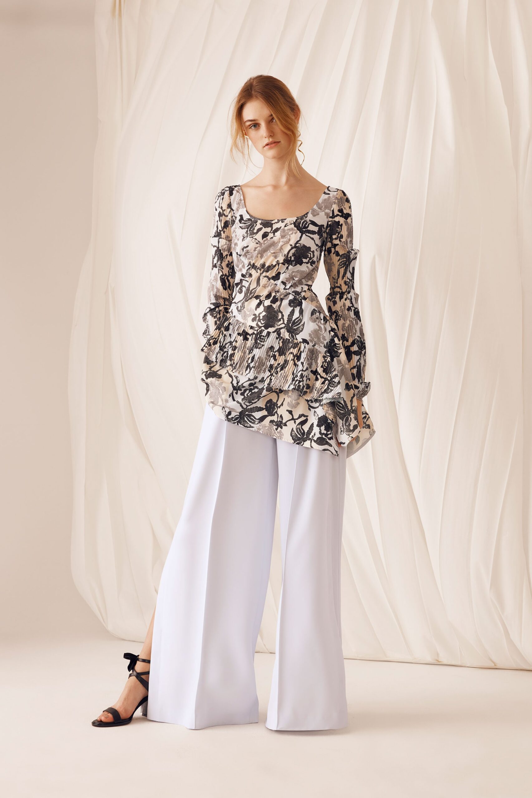 black silk long-sleeve scoop-neck fitted floral ruffled top