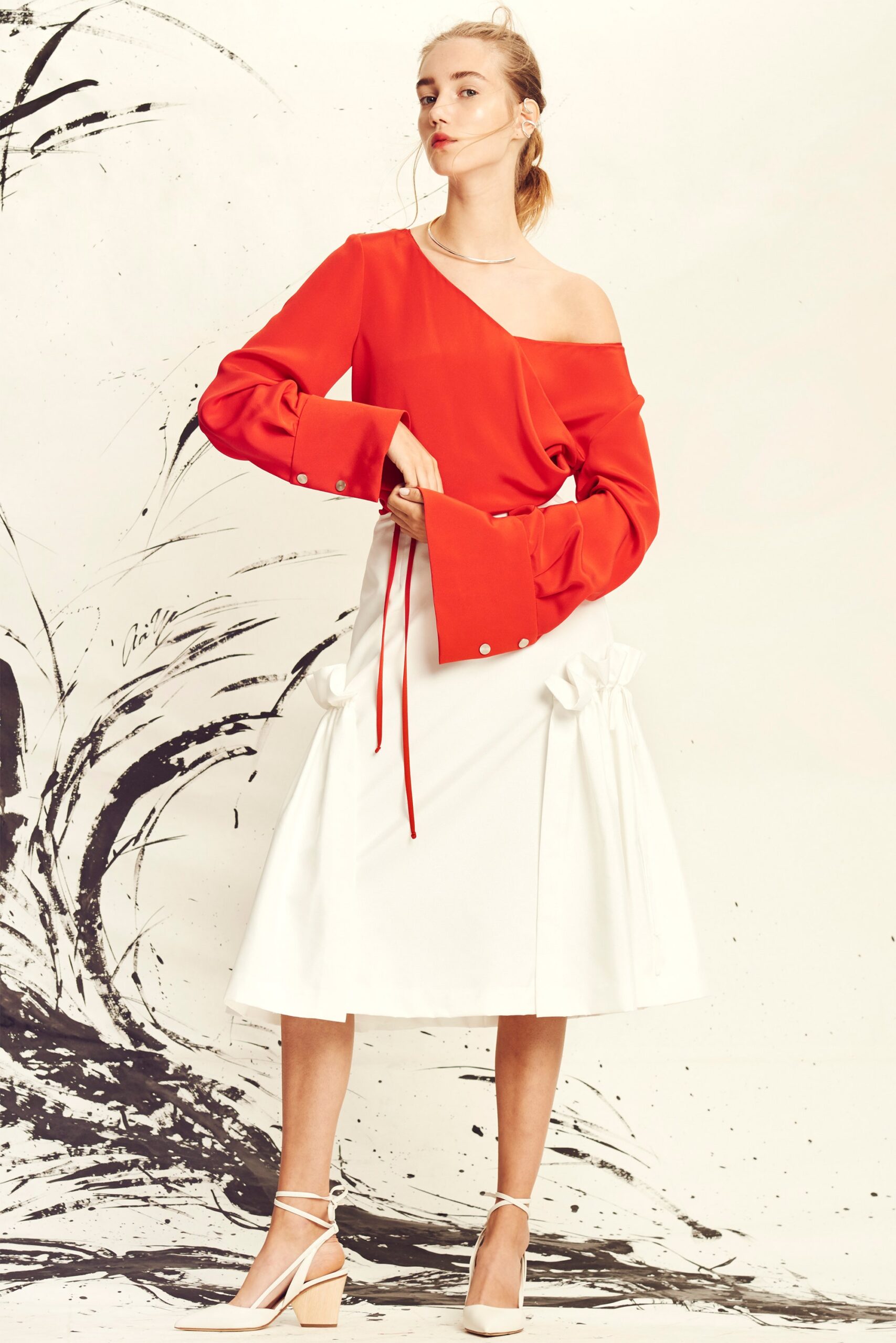 white fitted high-waisted a-line midi skirt