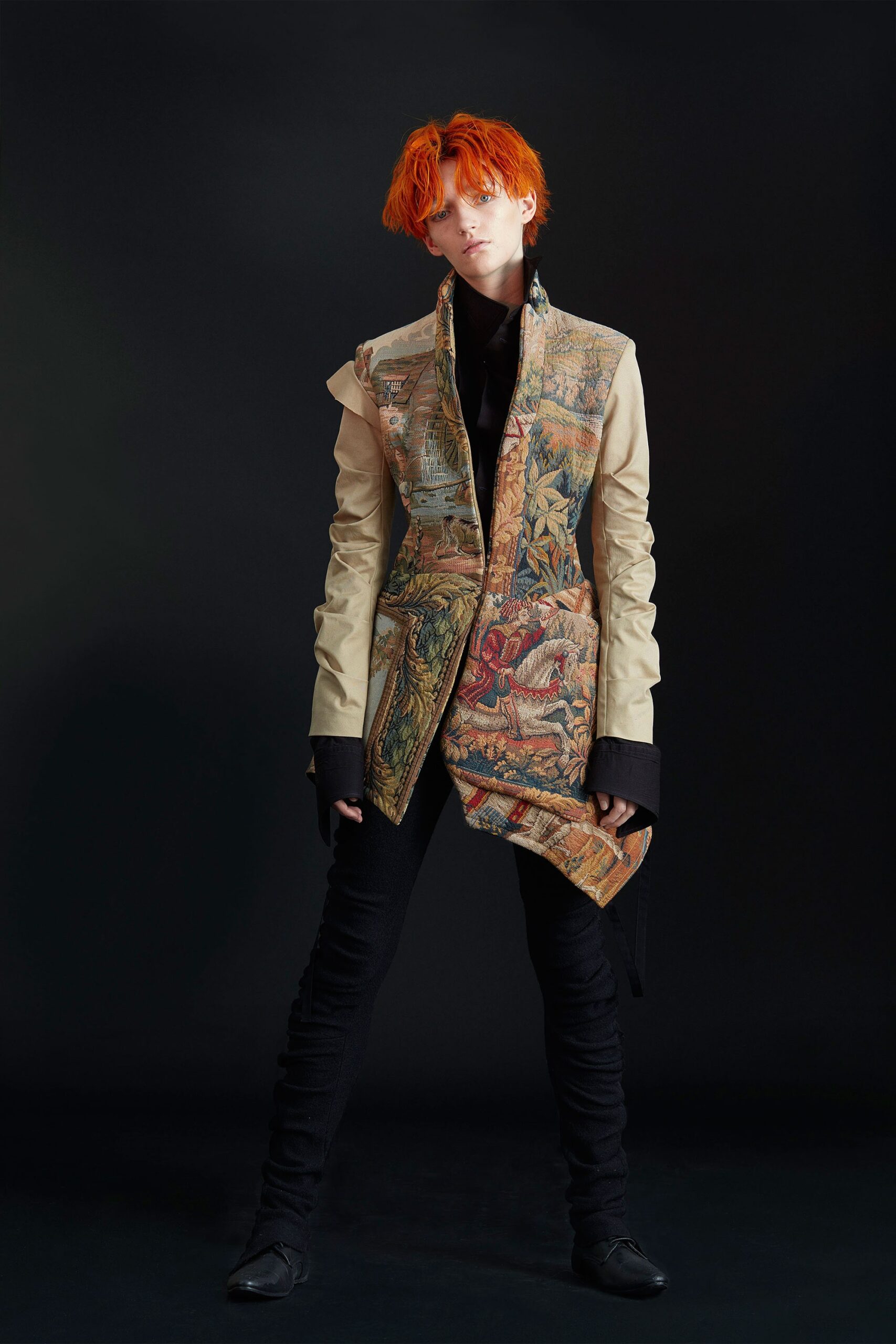 beige cotton long-sleeve collared fitted layered buttoned jacket