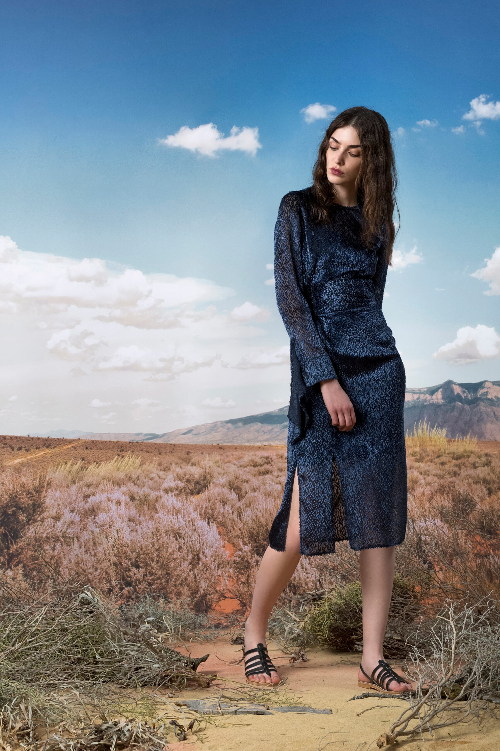 blue silk fitted dress