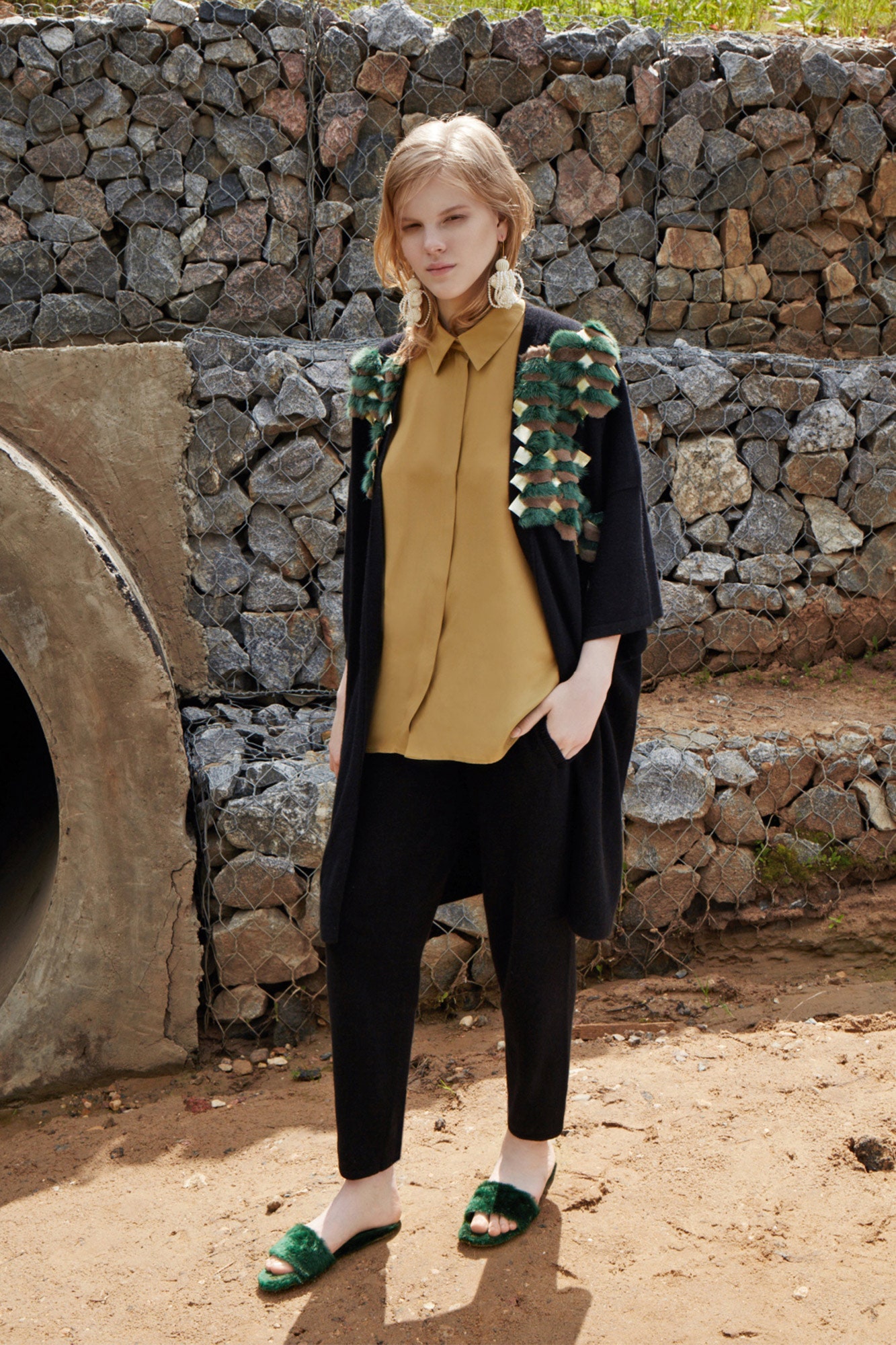 yellow cotton collared long-sleeve relaxed blouse