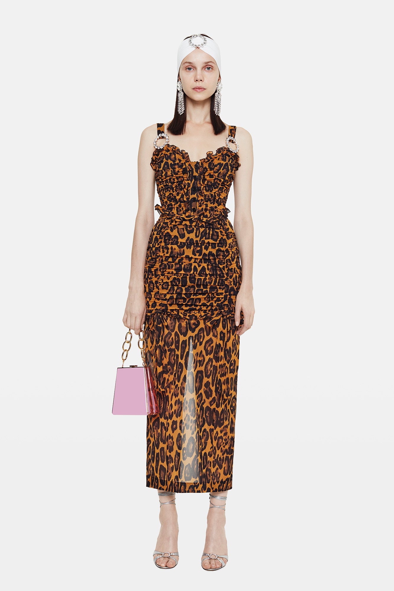 orange silk sleeveless v-neck fitted animal-print ruched dress