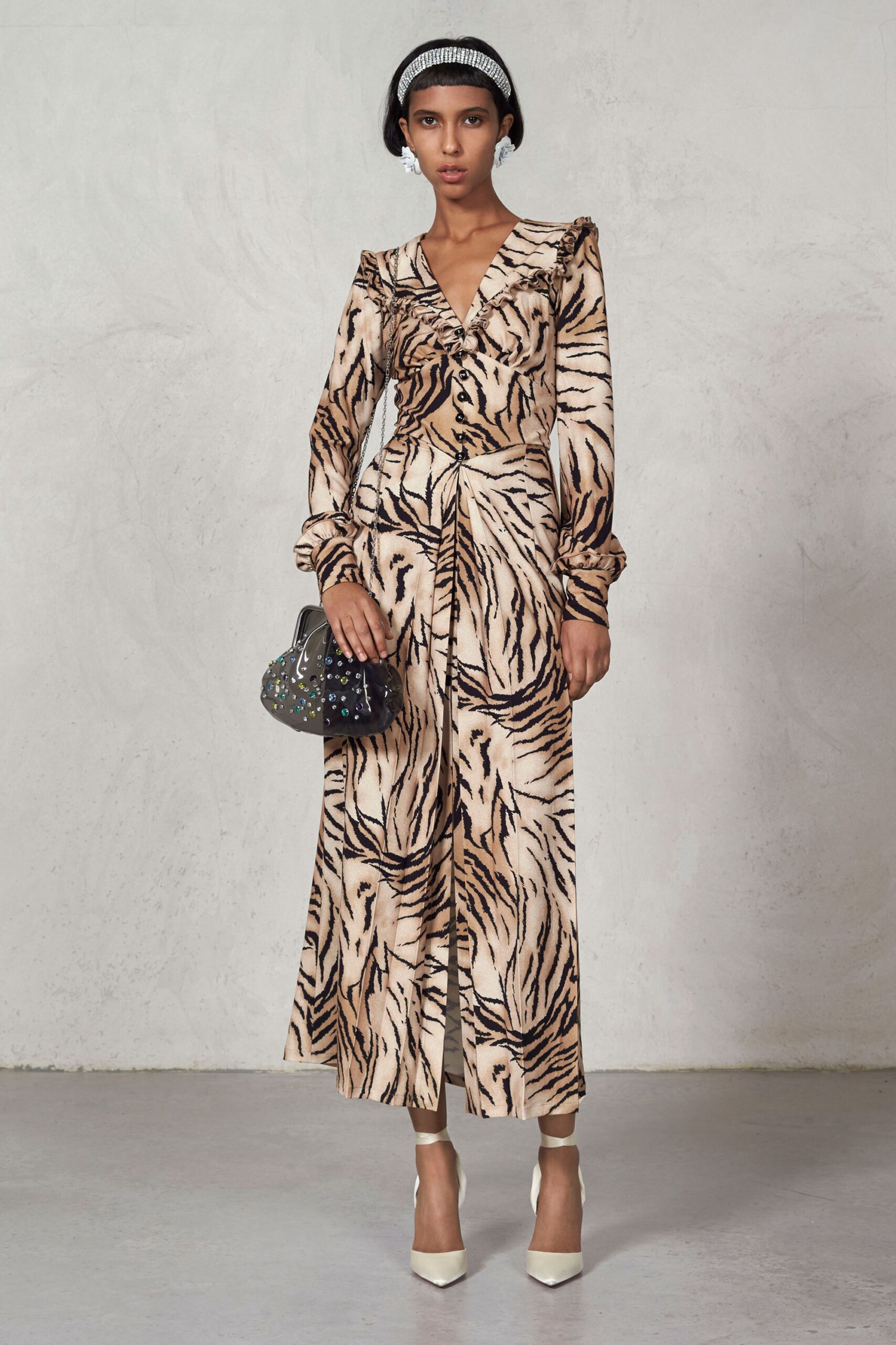 beige silk long-sleeve v-neck fitted printed tiered dress