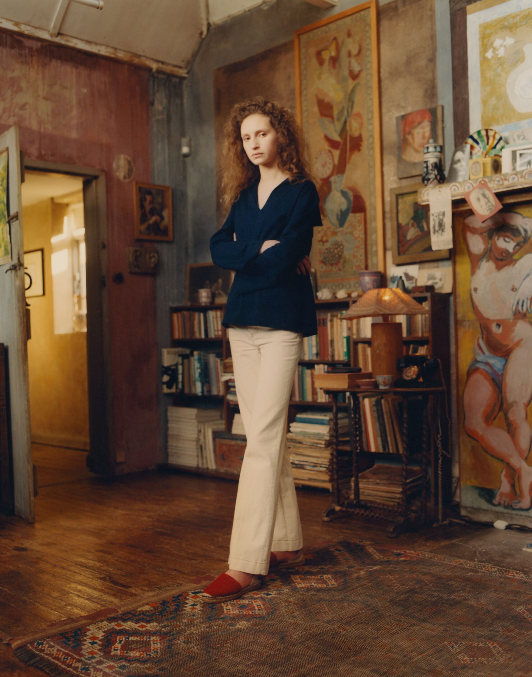 blue fitted top beige flared pants