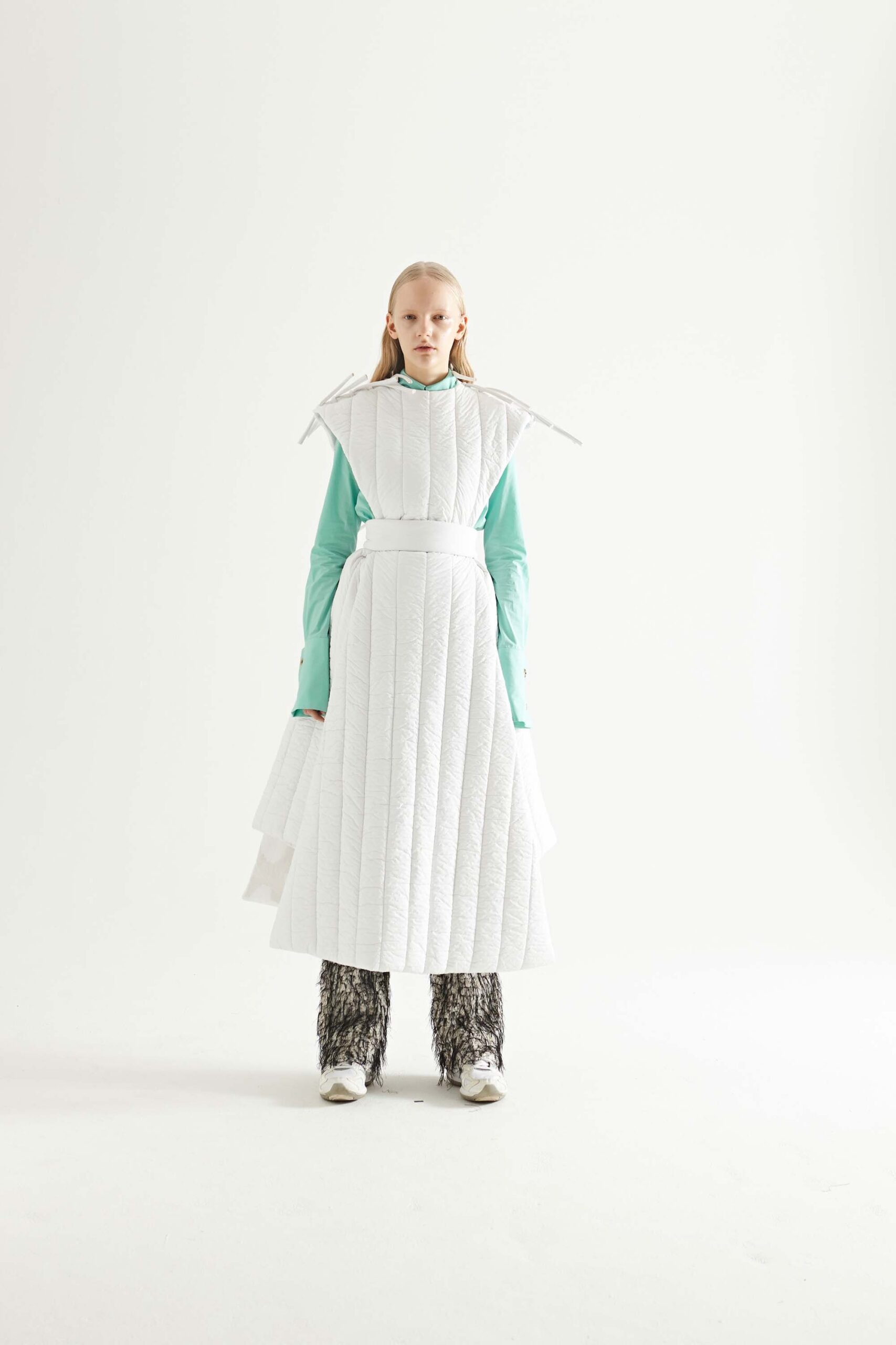 white pleated midi dress with green top