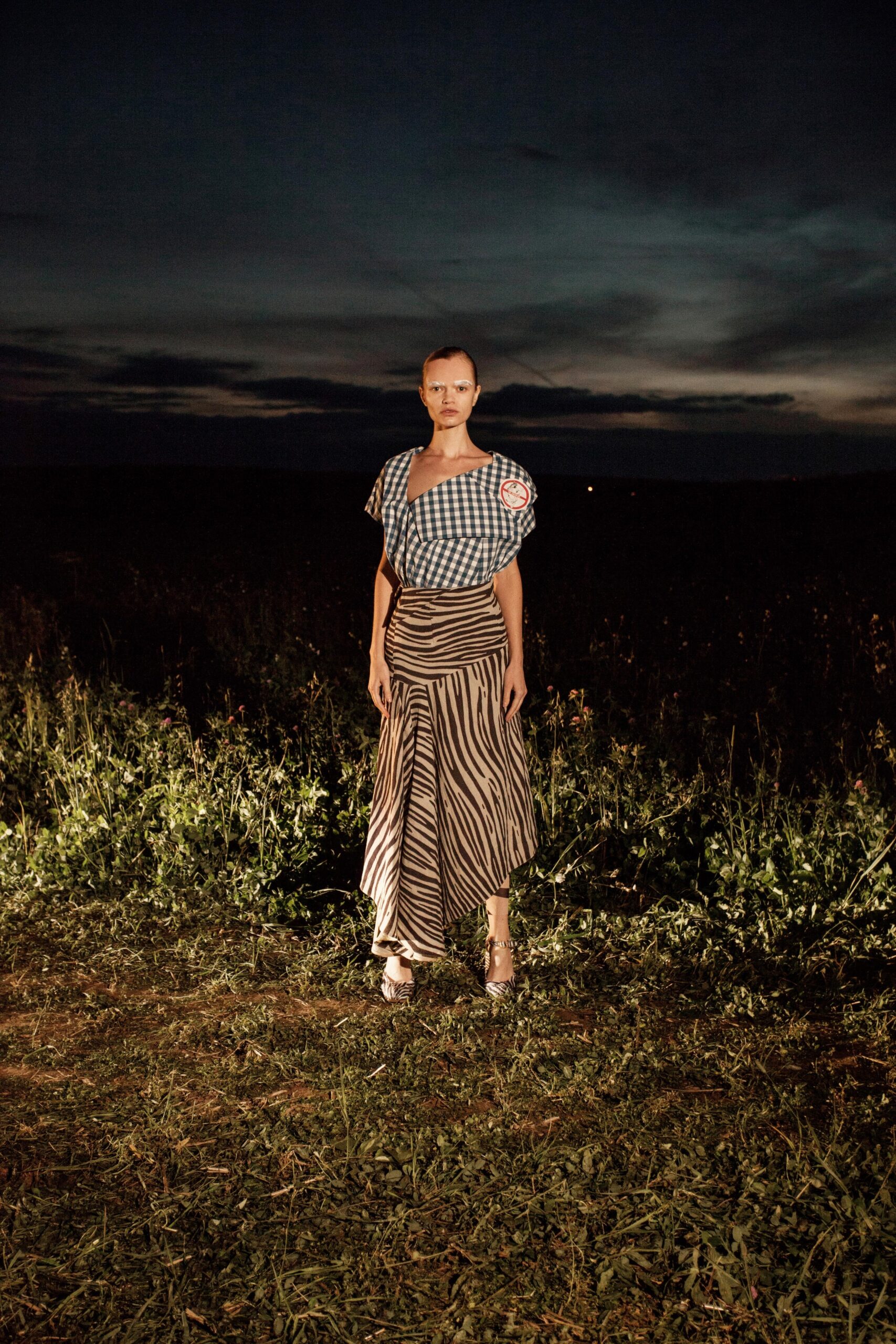 blue checked top with flared skirt