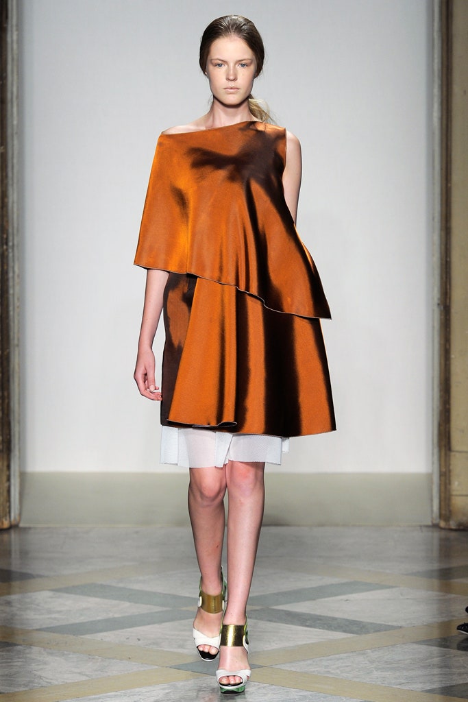 orange silk asymmetric dress