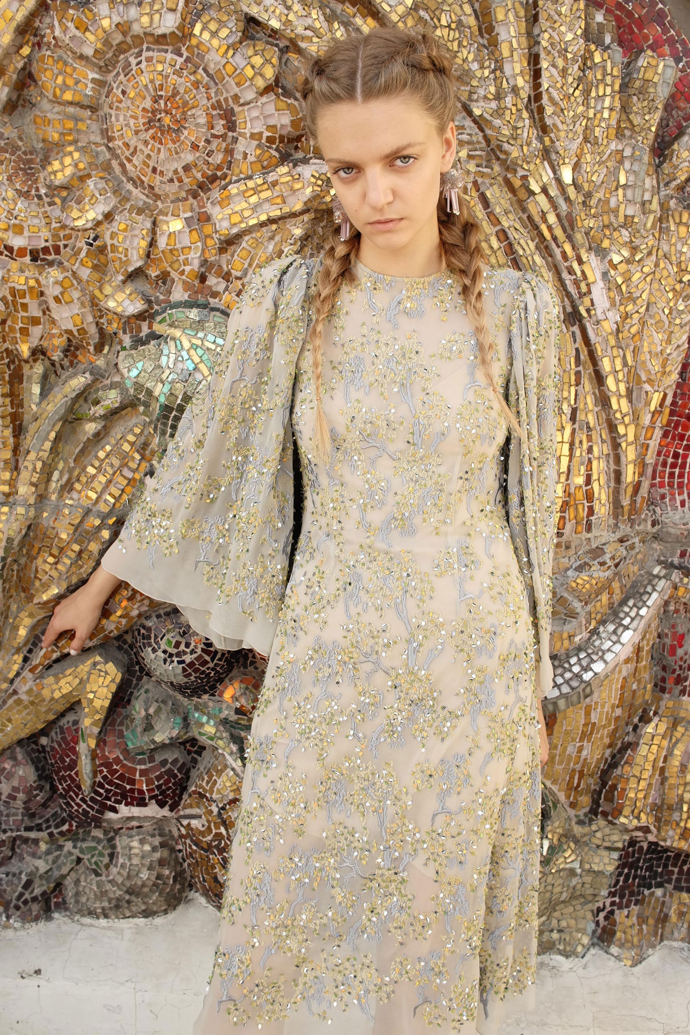 beige embroidered midi dress with cape