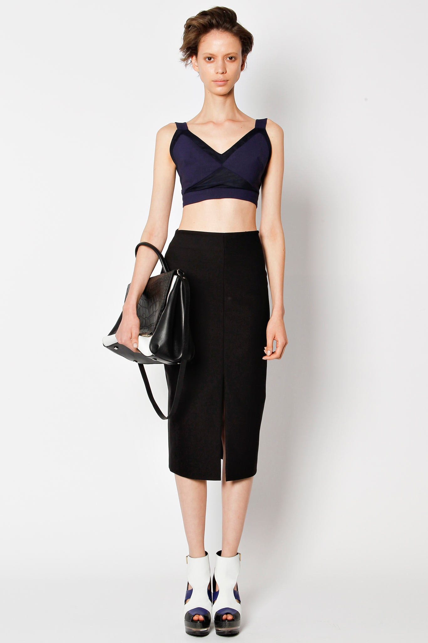 blue crop-top black midi skirt