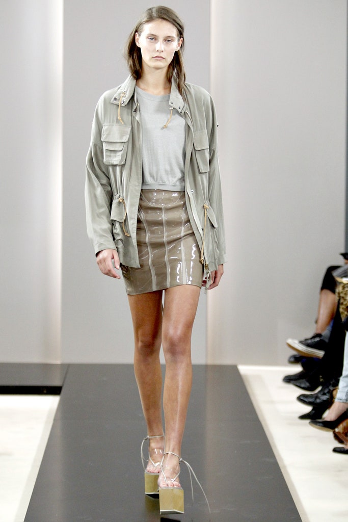 gray relaxed jacket with mini skirt
