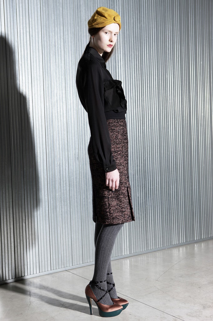 brown wool slit fitted pencil skirt